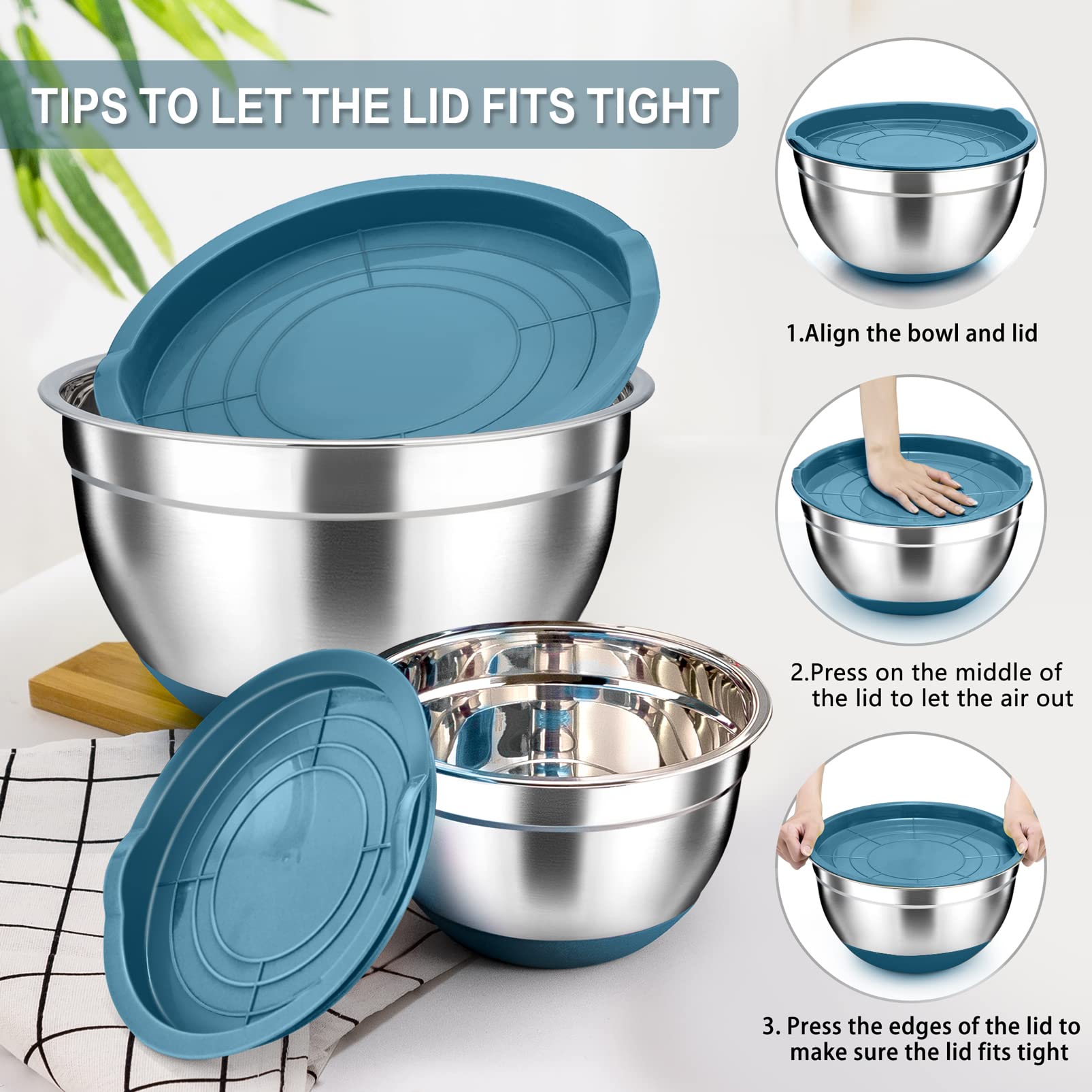 Teamfar Mixing Bowls With Lids For Kitchen, Set Of 6, Blue Stainless Steel Salad Bowl With Air-Tight Lid & Silicone Bottom, Non