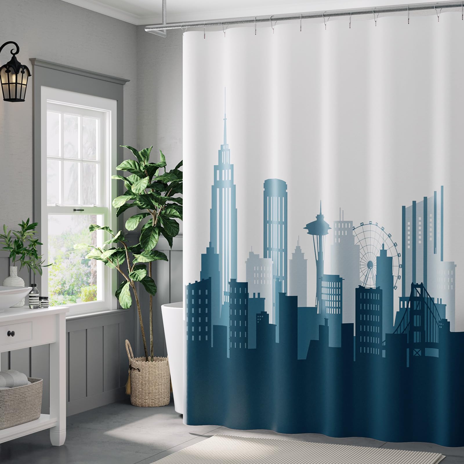 Jinchan Blue And White Ombre Shower Curtain City Skyline Unique Design Shower Curtains For Bathroom Modern Luxury Cityscape Wate