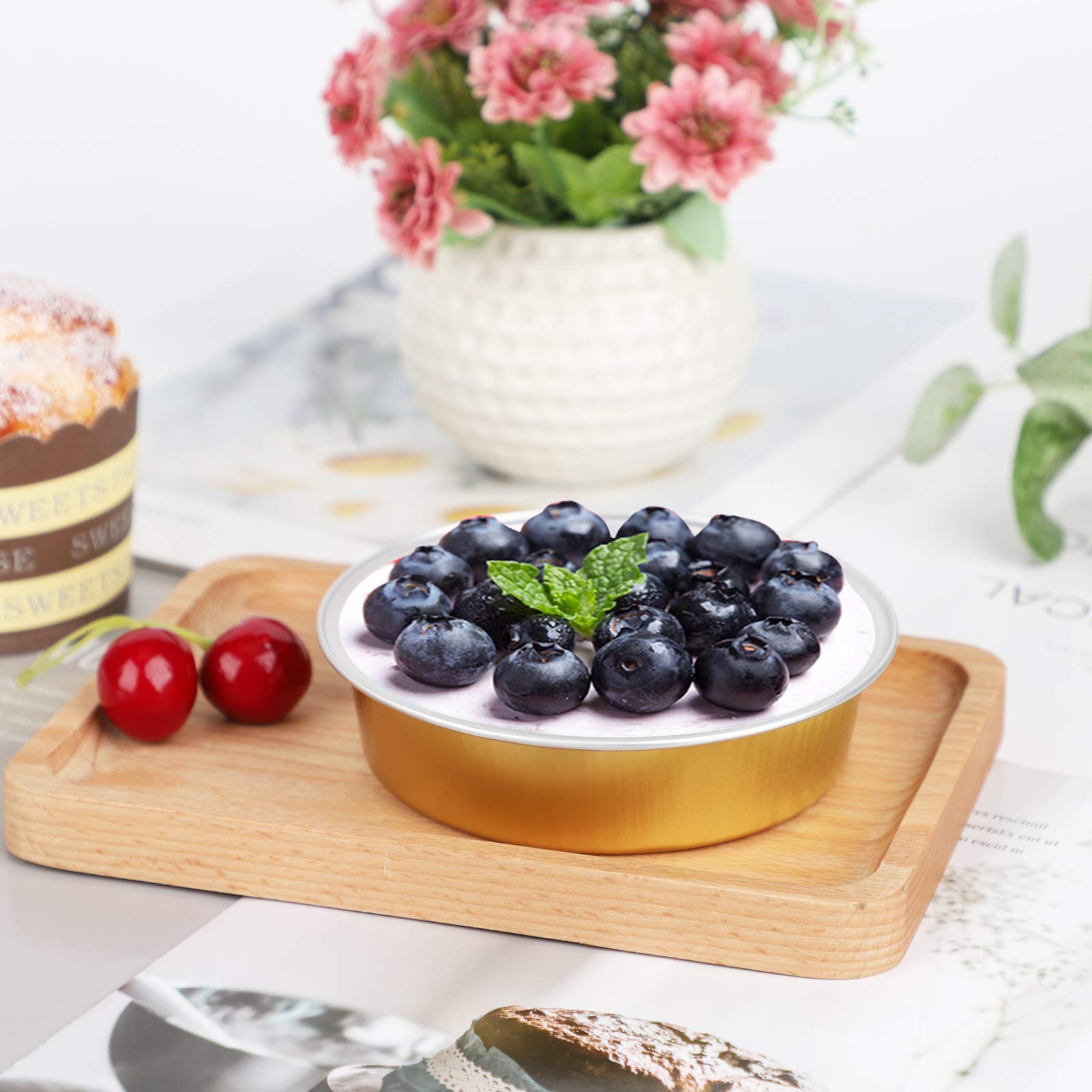 Beasea Disposable Pie Tins 4 Inch, 50 Pack Mini Tart Pans With Lids, 8 Oz Golden Aluminum Pie Pan Tin Tart Pans Round Oven Bakin