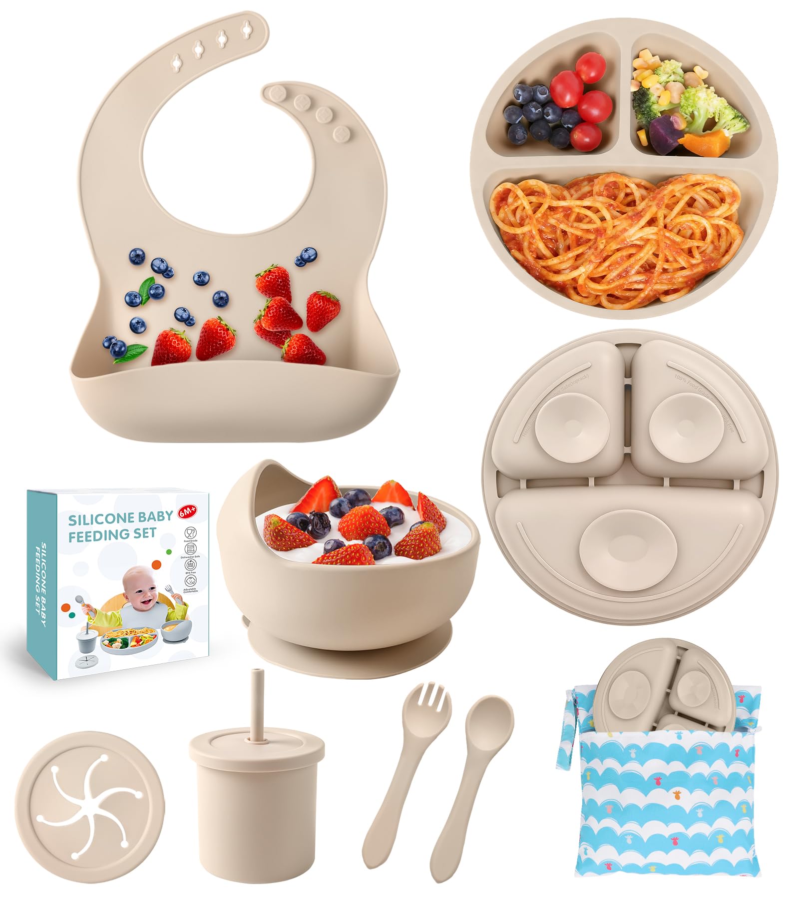 ECLIP Silicone Baby Feeding Set,10 Pcs Baby Led Weaning Supplies Baby Eating Essentials Set with Suction Bowl Divided Plate Adju