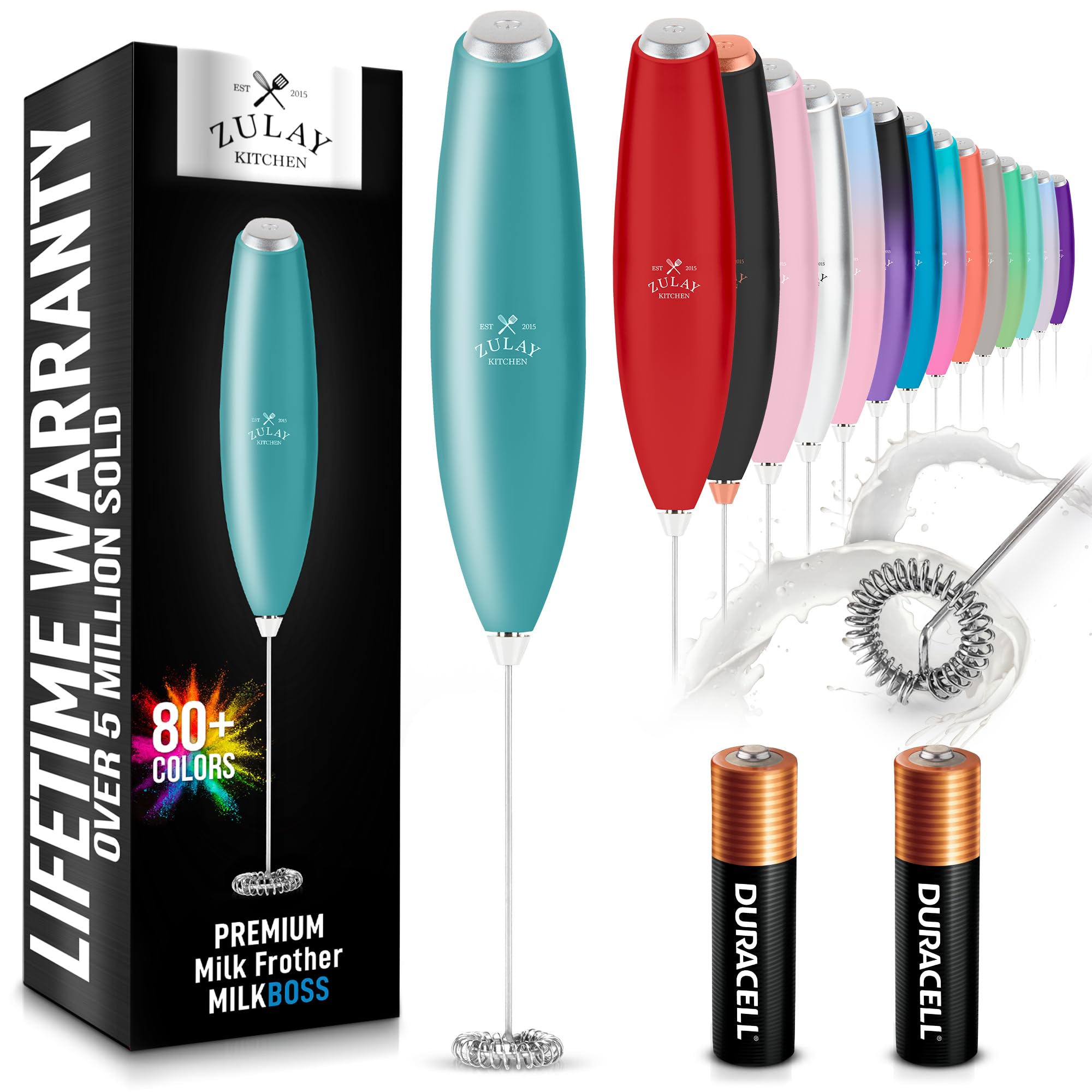 Zulay Kitchen Handheld Milk Frother with Duracell AA Batteries - Ultra Fast Electric Mixer & Foam Maker, Easy-Clean Drink Mixer 