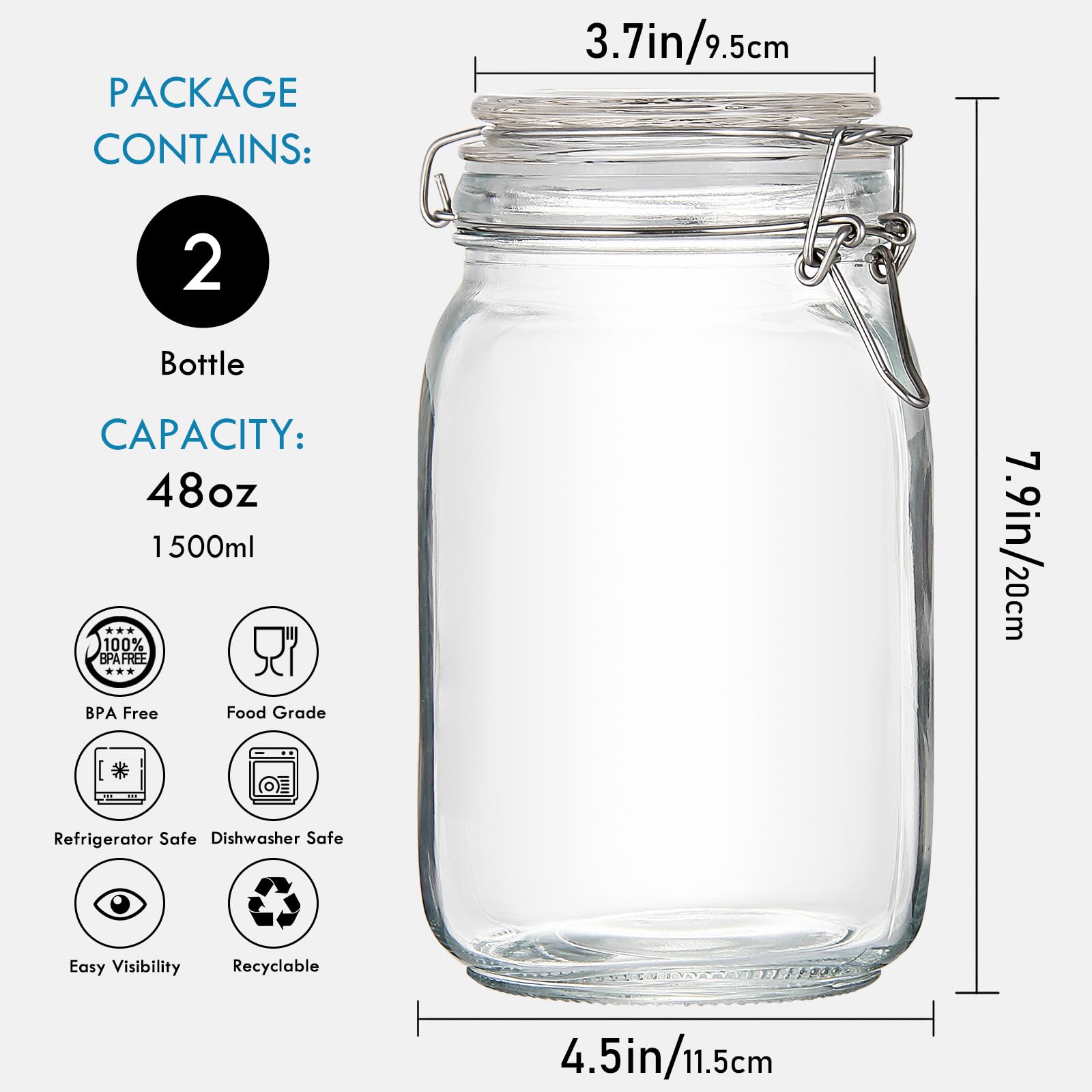 Yeboda 48Oz Food Storage Canister Glass Jars With Clamp Airtight Lids And Silicone Gaskets For Multi-Purpose Kitchen Containers