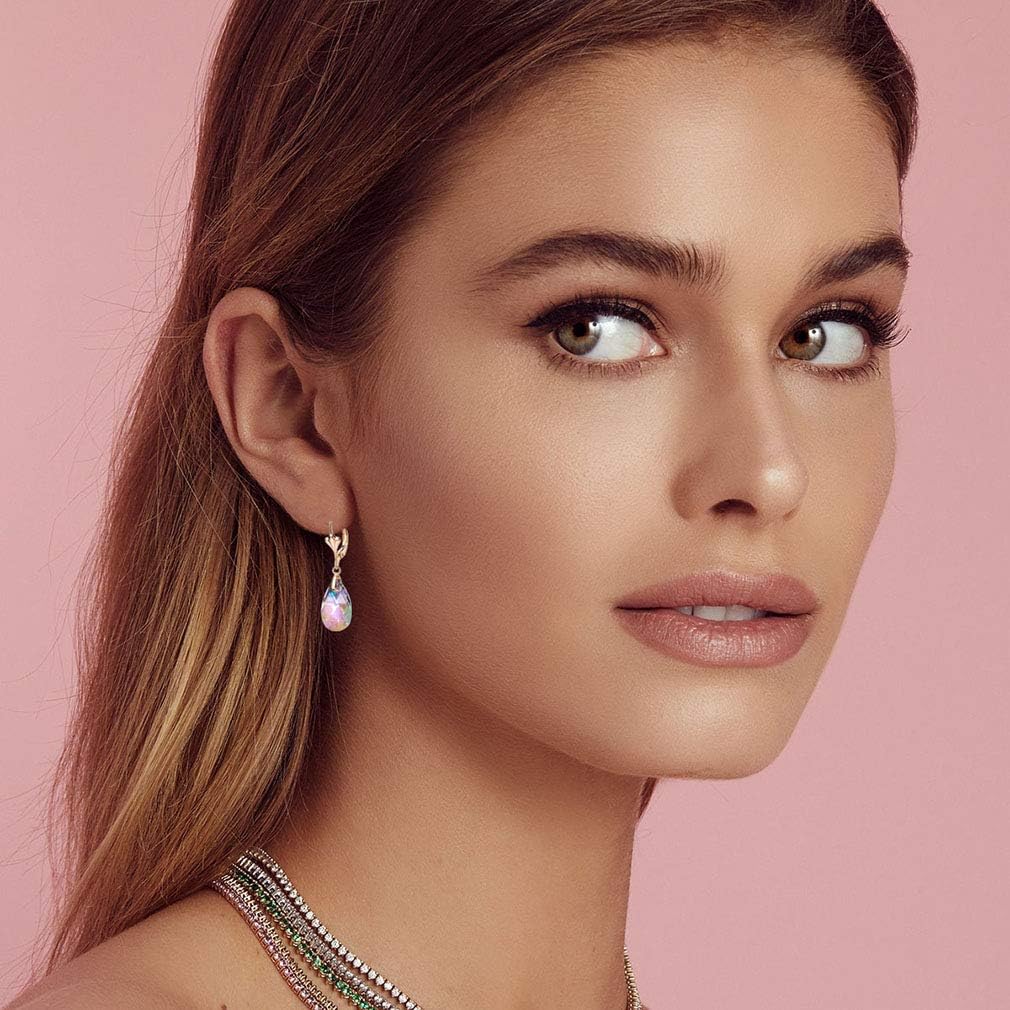 Austrian Crystal Teardrop Leverback Dangle Earrings For Women Fashion 14K Gold Plated Hypoallergenic Jewelry (Rainbow)