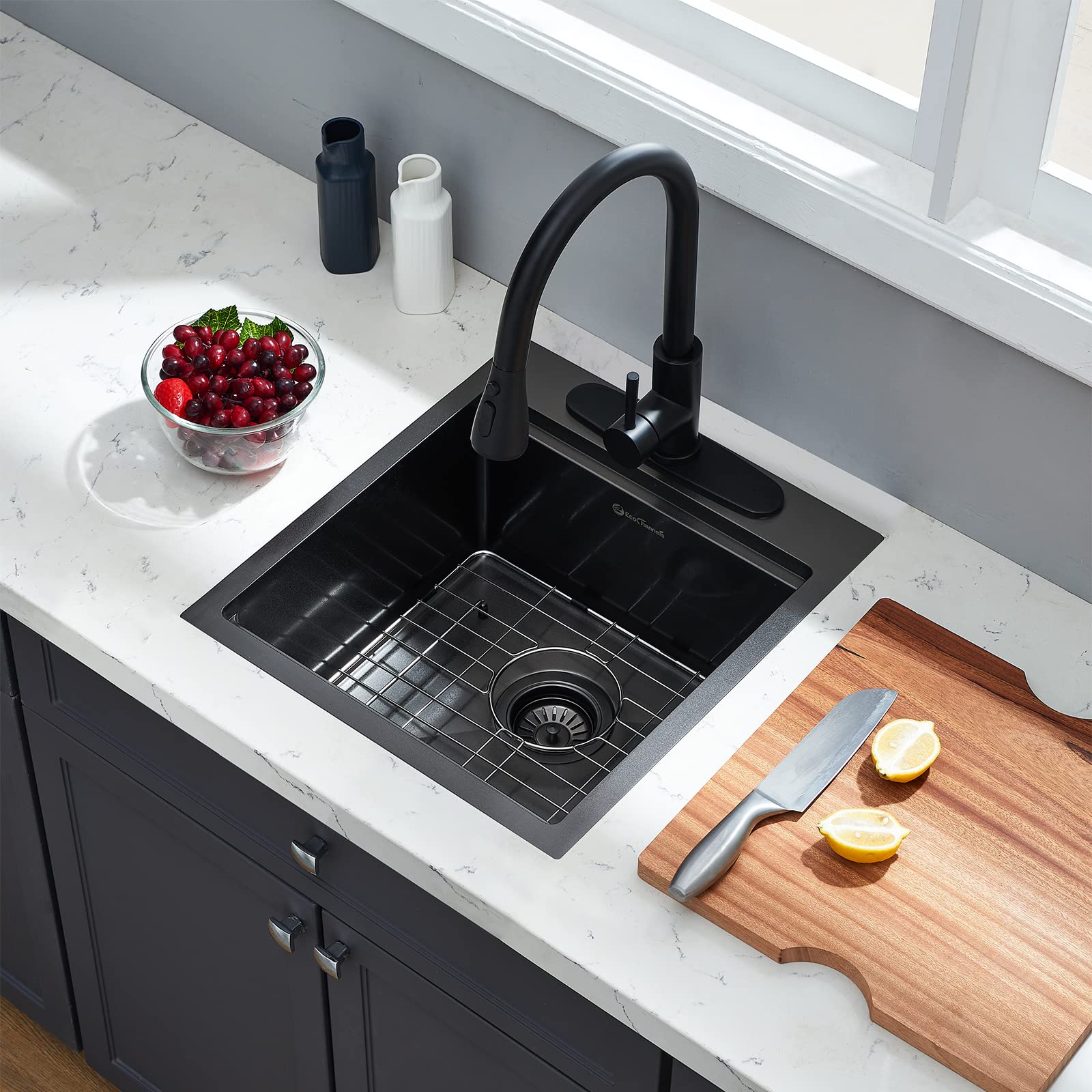 Ecochannels Kitchen Sink, 17 X 19 Inch Drop In Bar Sink Gunmetal Black Stainless Steel Workstation Sink Topmount Kitchen Sink Si