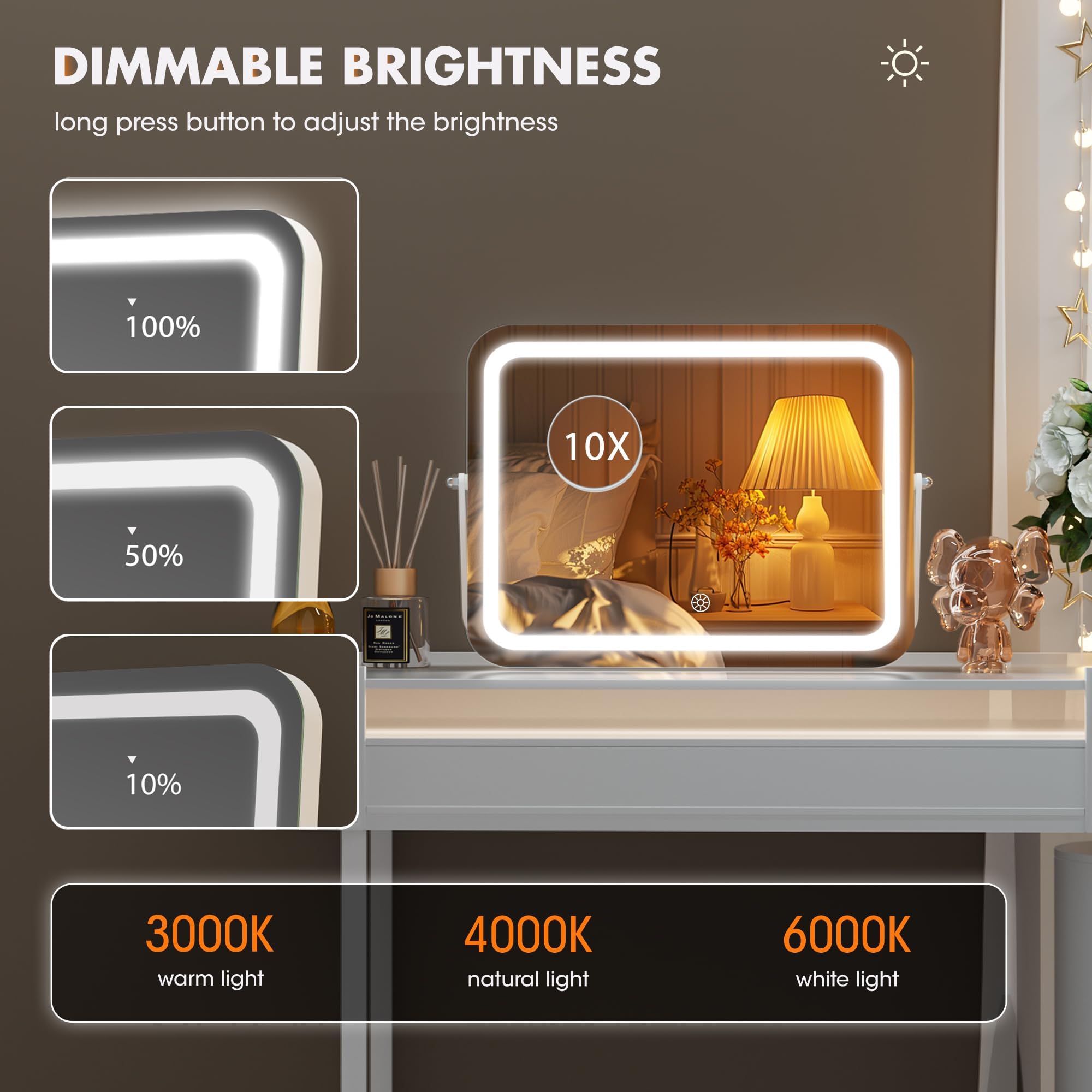 Hasipu Vanity Mirror With Lights, 16'' X 12'' Led Makeup Mirror, 3 Modes Light, Smart Touch Control Dimmable, 360Rotation, Recta