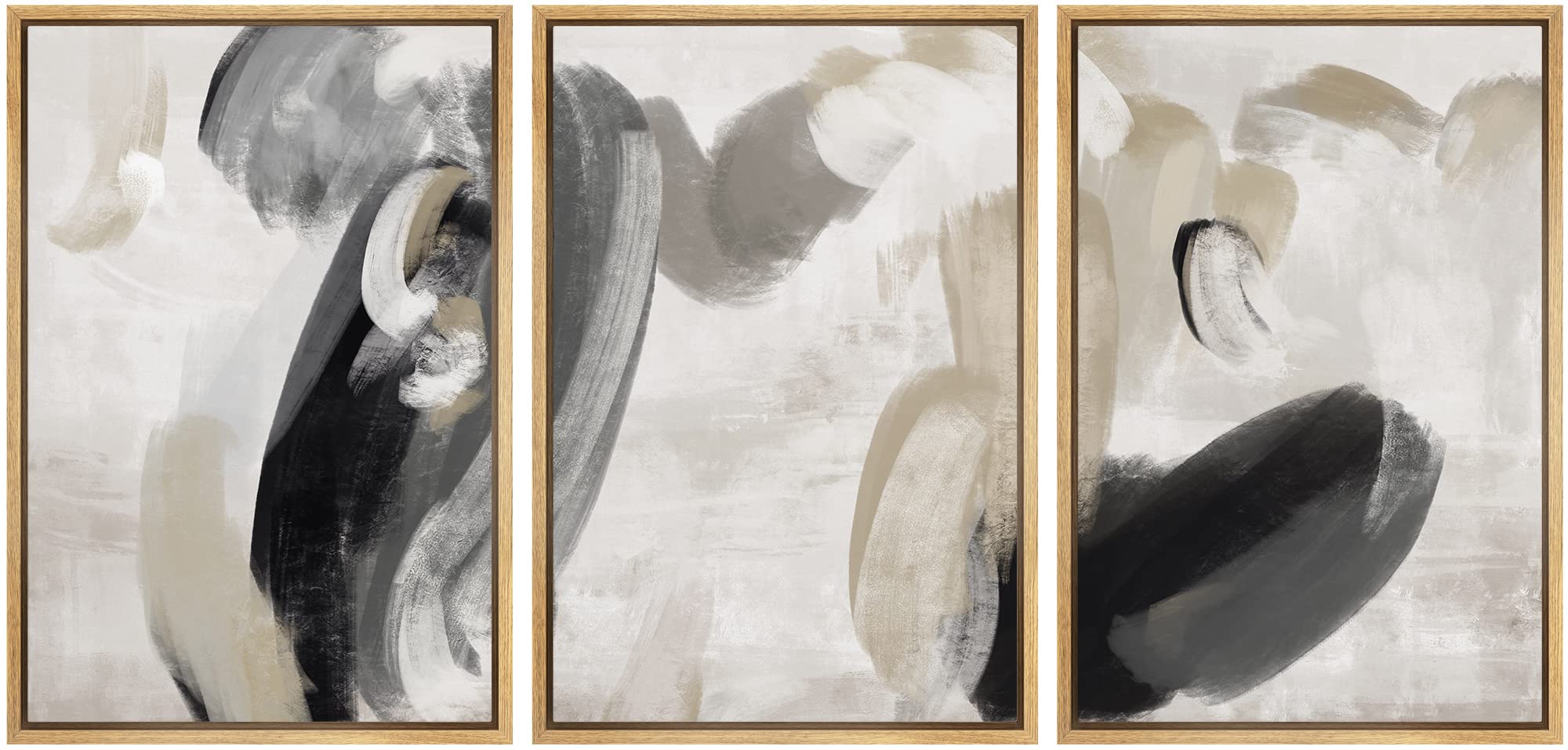 Signford Framed Canvas Print Wall Art Set Black Tan Paint Stroke Collage Abstract Shapes Illustration Modern Art Decorative Nord