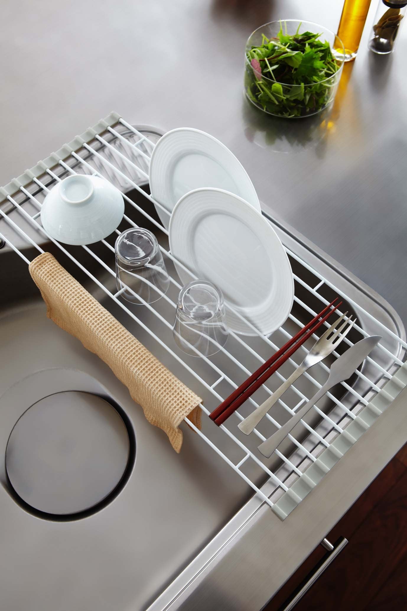 Yamazaki Home Dish Folding Sink Rack | Steel | Large | Drainer Tray, White