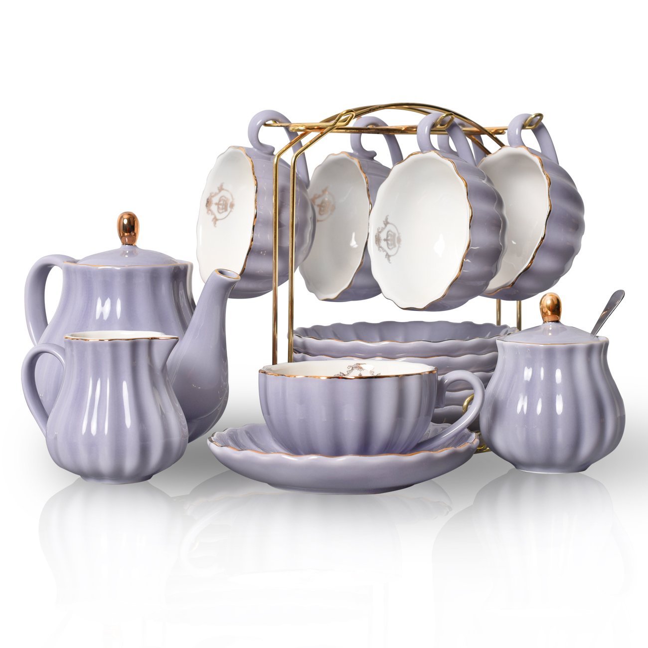Porcelain Tea Sets British Royal Series, 8 Oz Cups& Saucer Service For 6, With Teapot Sugar Bowl Cream Pitcher Teaspoons And Tea