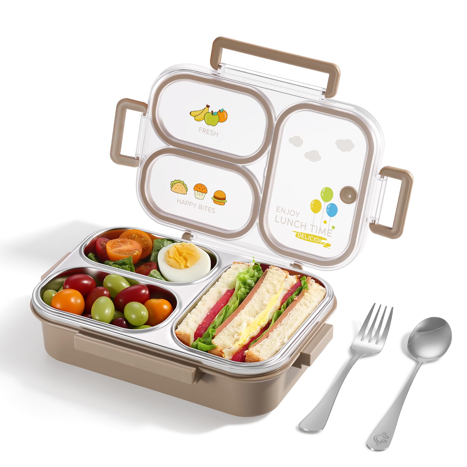 Nukied Stainless Steel Bento Box, 3-Compartment Leak Proof Lunch Container, Brown