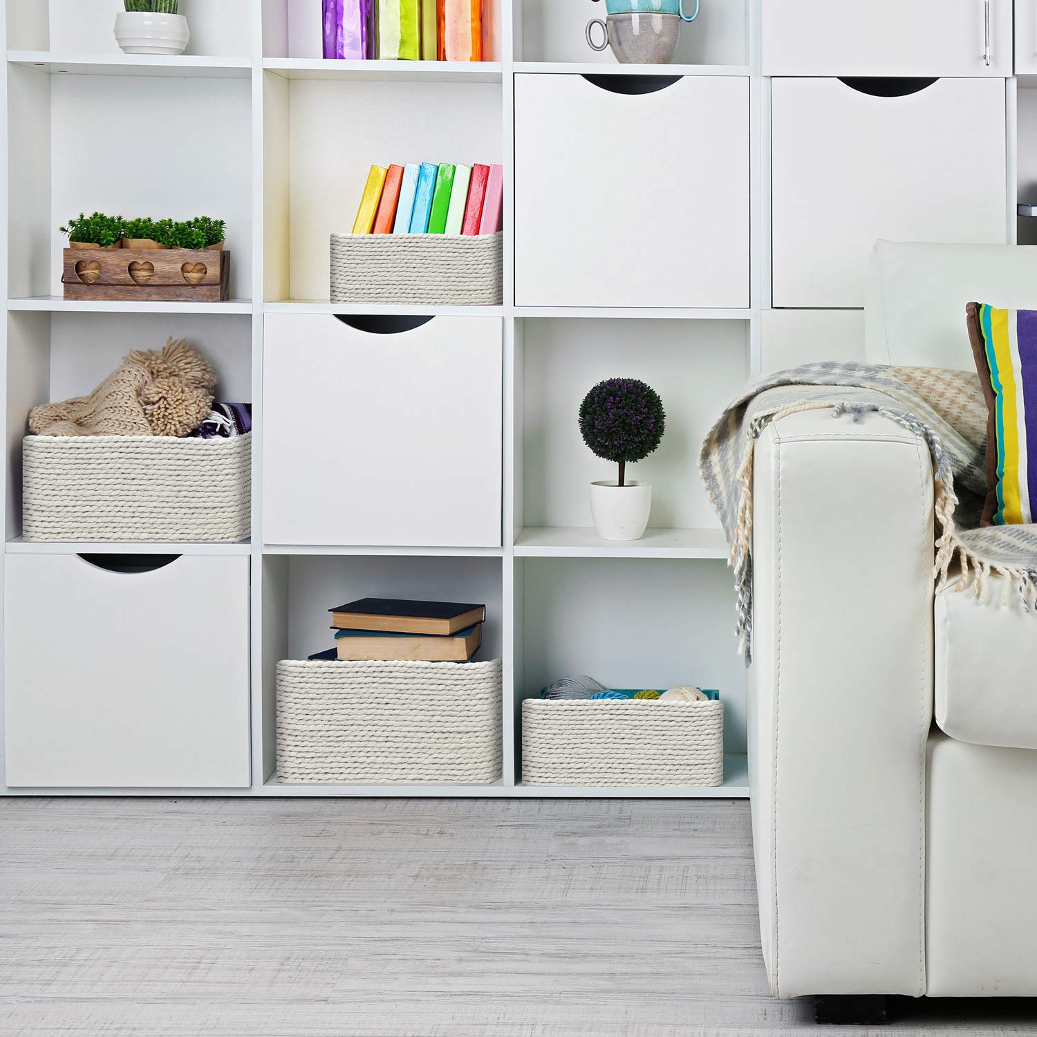 Sorbus Storage Baskets 4-Piece Set - Stackable Woven Basket Paper Rope Bin Boxes For Makeup, Office Supplies, Bedroom, Closet (B