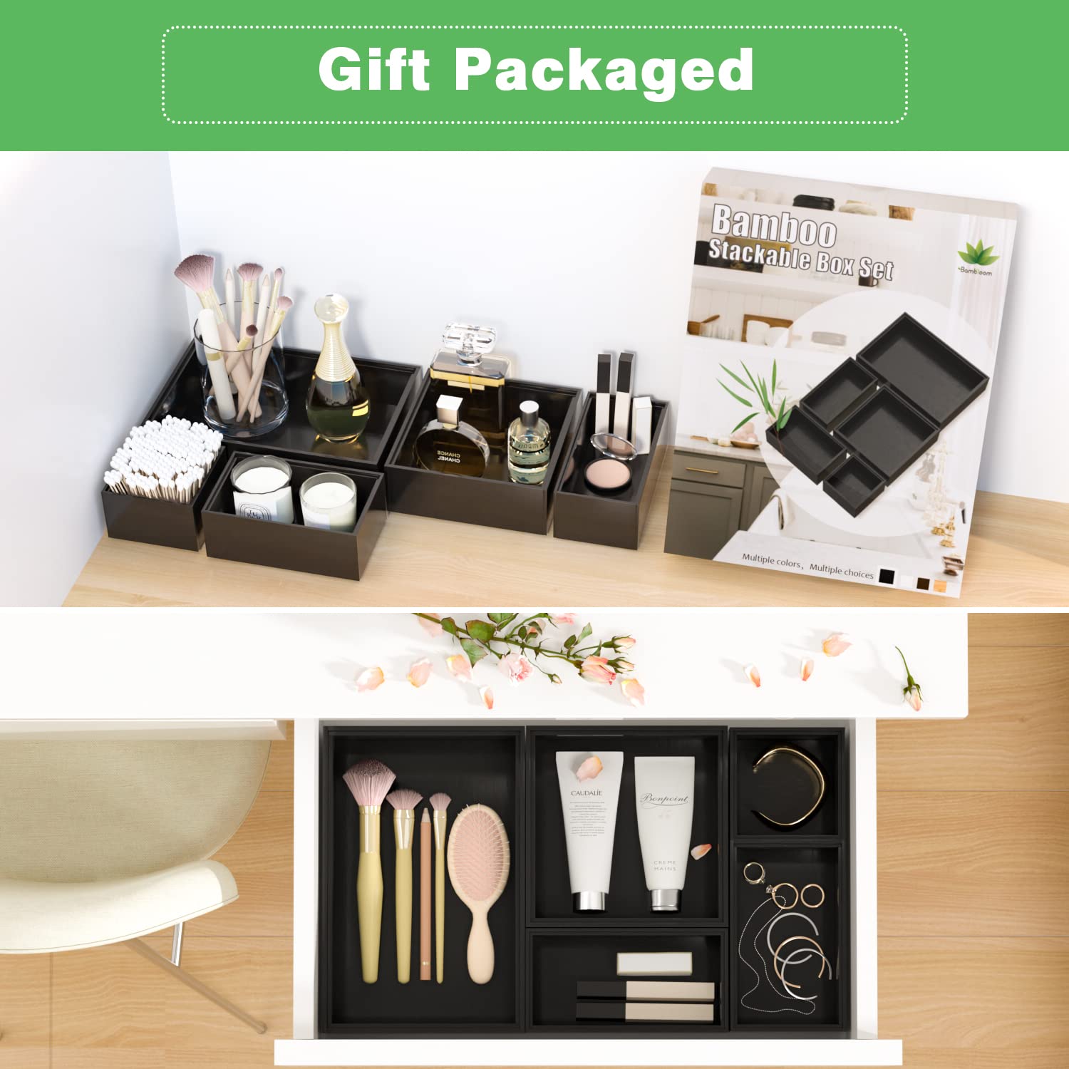Black Bamboo Bathroom Drawer Organizer, Wooden Kitchen Utensil Holder Set of 5, Stackable Junk Drawer Organizer Tray, Multi-Use