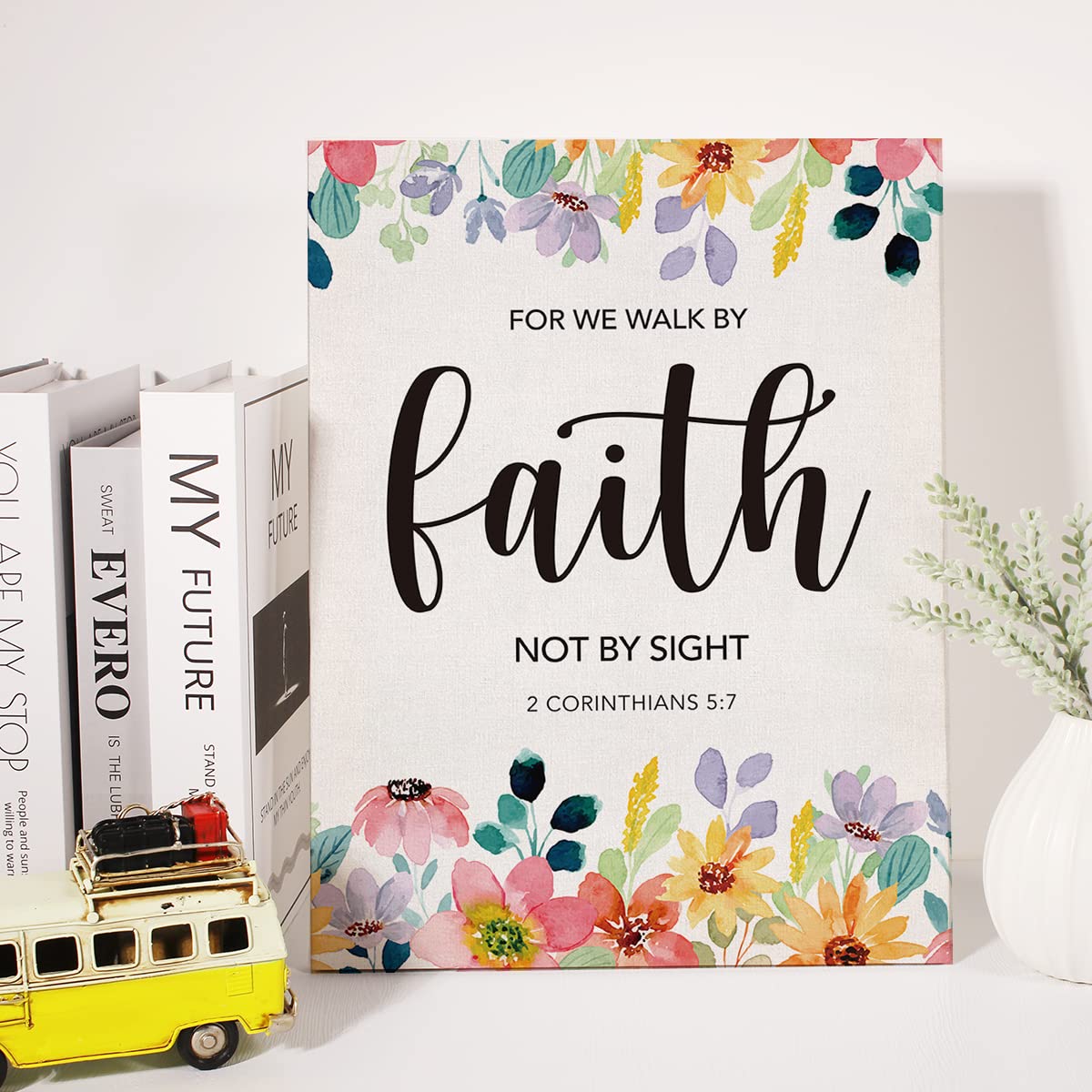 Christian Canvas Wall Art Motivational For We Walk By Faith Not By Sight Canvas Print Floral Scripture Bible Verse Painting Home
