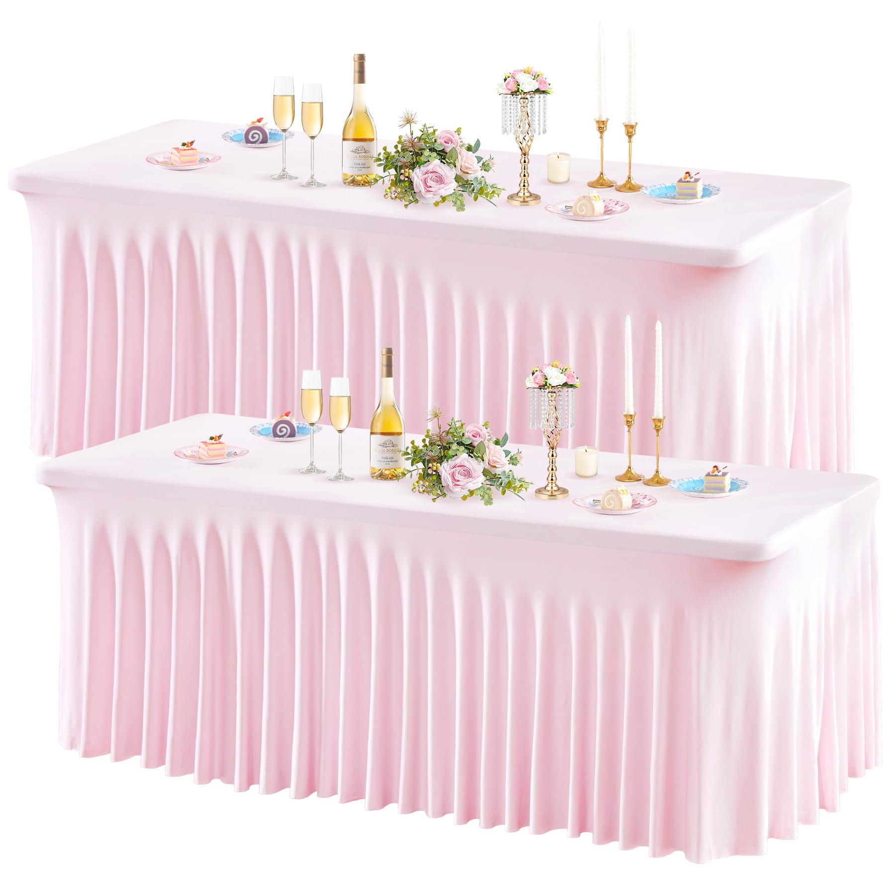 Wish Care 2 Pack Pink Spandex Table Clothes for 4 Foot Rectangle Tables, 4FT Wrinkle Free Fitted Tablecloths Ruffles Design Tabl