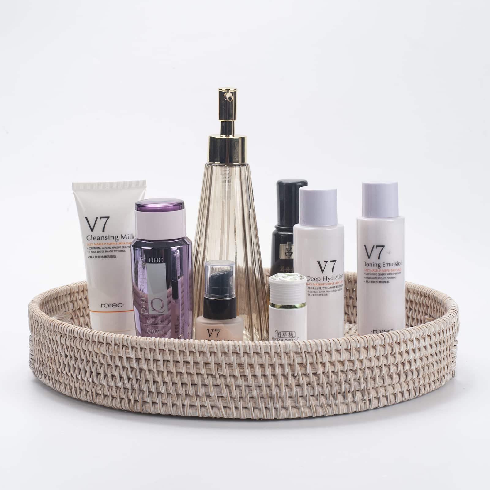 14.2 Inch Round Rattan Tray, Ottoman Tray, Woven Serving Tray With Cut - Out Handles, Wicker Serving Basket, Whitewash