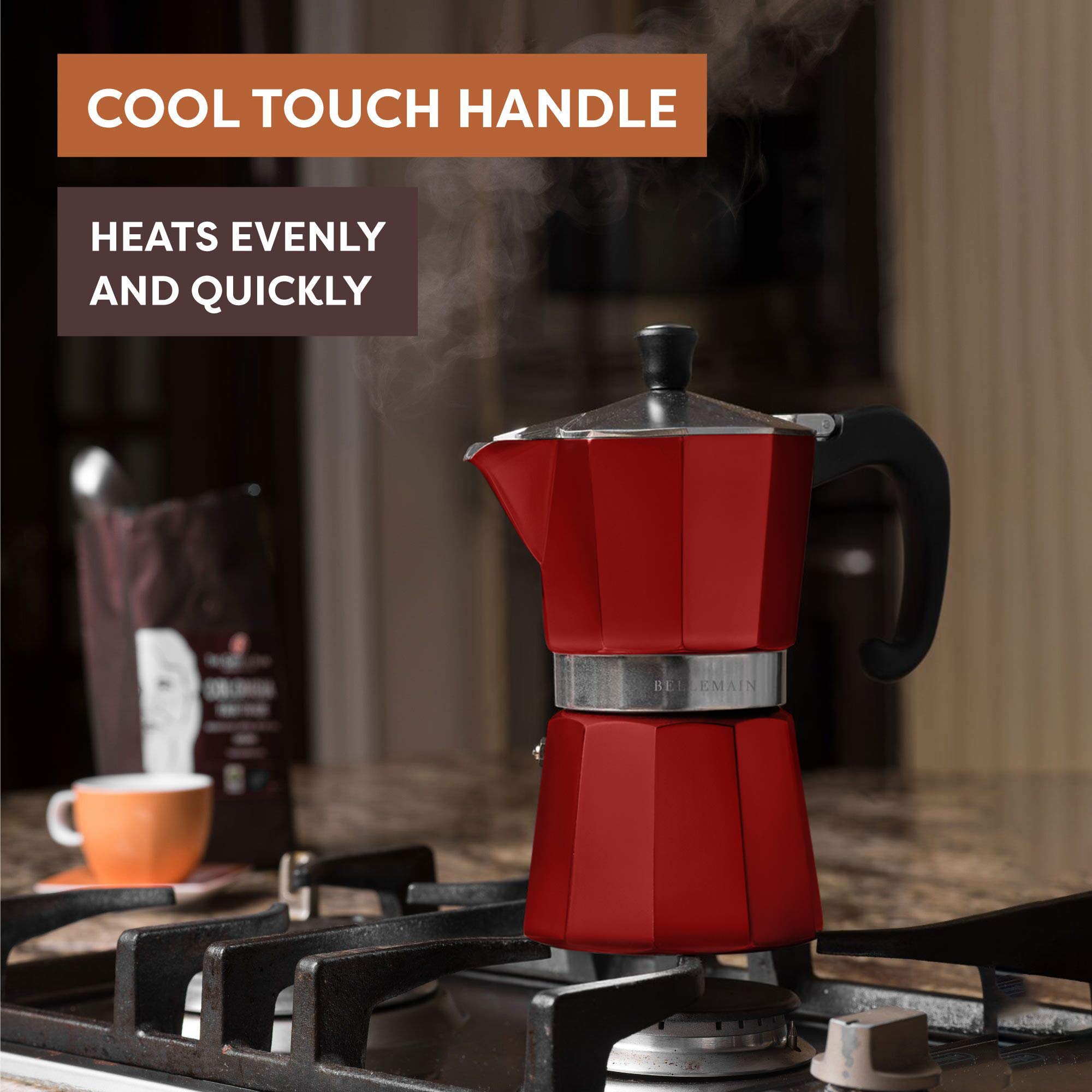 Bellemain Stovetop Espresso Maker Moka Pot (Red, 3 Cup)