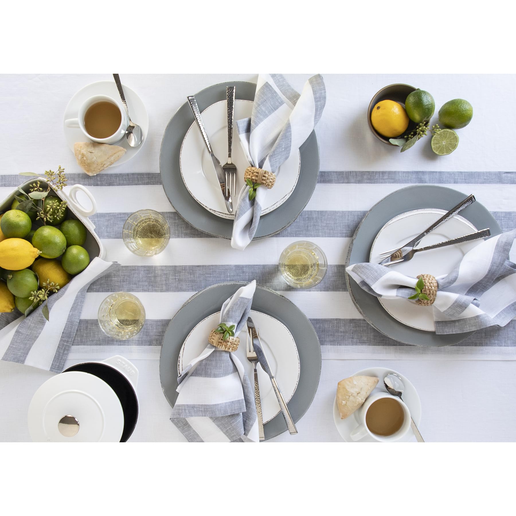 Solino Home Linen Stripe Table Runner 120 Inches Long - 100% Pure Linen Grey And White Table Runner 14 X 120 Inch - Cabana Strip