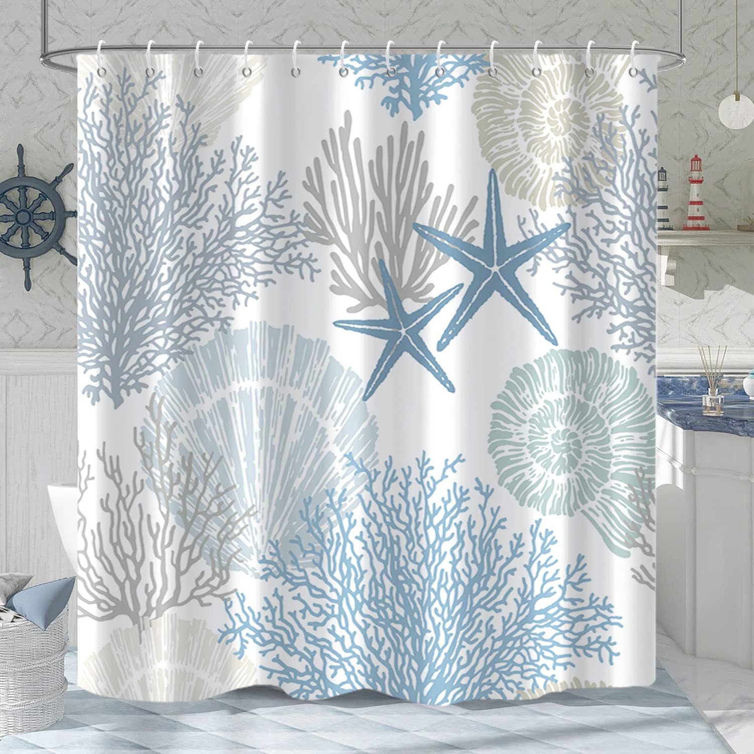 Gkleasg Nautical Beach Shower Curtain, Blue Tropical Coral Ocean Seashell Starfish Machine Washable Waterproof Fabric For Bathro