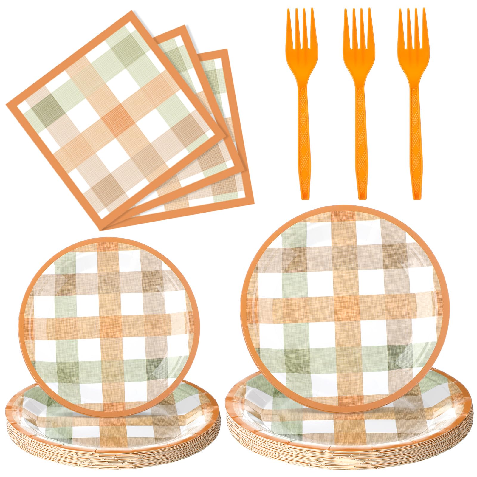 Honeydak 96 Pcs Fall Orange Plaid Party Supplies Thanksgiving Paper Plates and Napkins Fork Autumn Disposable Dinnerware Set Fal