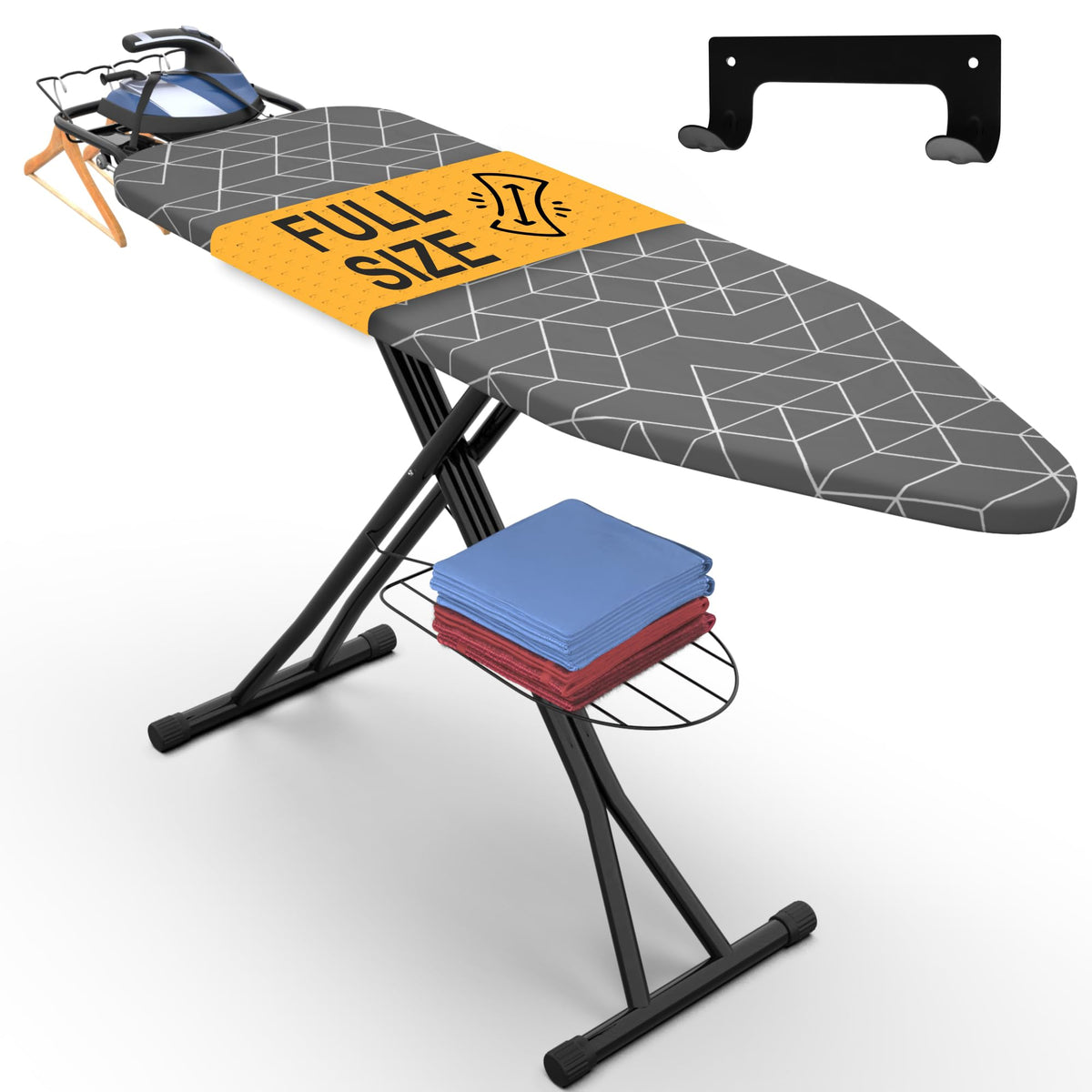Xabitat Full Size Ironing Board 57'' X 15'' W/Wall Mount Hanger | Full Metal Construction Iron Board| Built In Iron Caddy | Heat