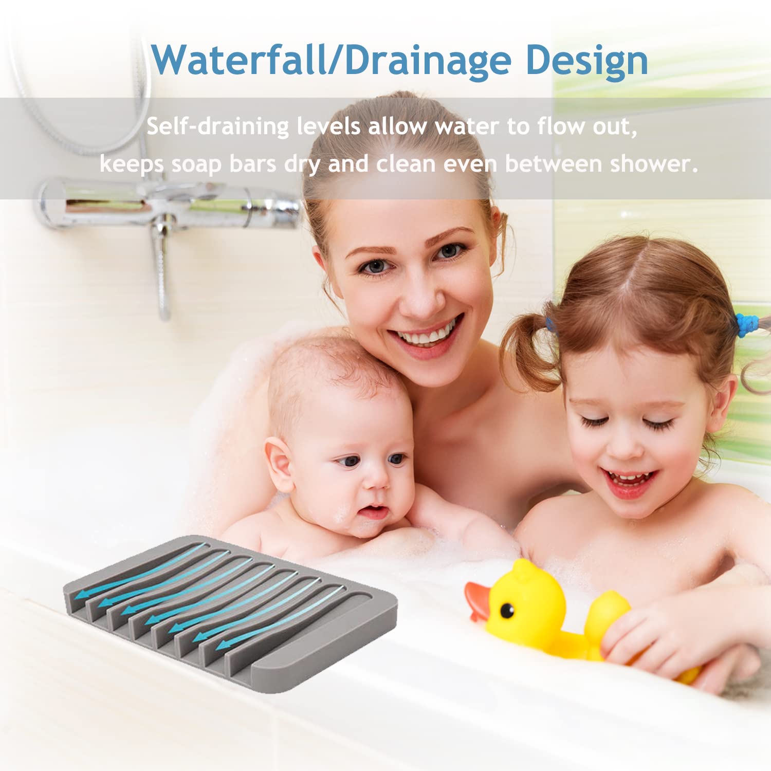 MODENGKONGJIAN Self Draining Soap Dishes - 3 Pcs Silicone Holder, Waterfall Design, Colors: White, Gray, Teal, Model FZH-3PCS