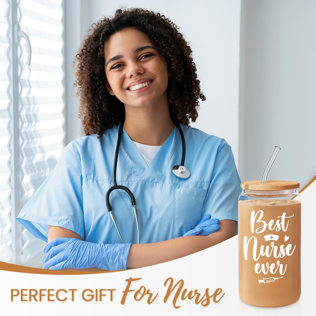SANDJEST Nurse Cup 16 Oz Glass Can with Bamboo Lid and Straw - Nurse Gifts for Women - Appreciation Nursing Gifts for Female on