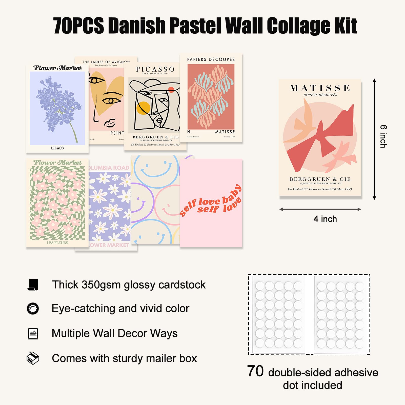 Kbkbart 70Pcs Danish Pastel Wall Collage Kit Aesthetic Pictures, Cute Danish Pastel Posters Matisse Wall Art Prints Preppy Room
