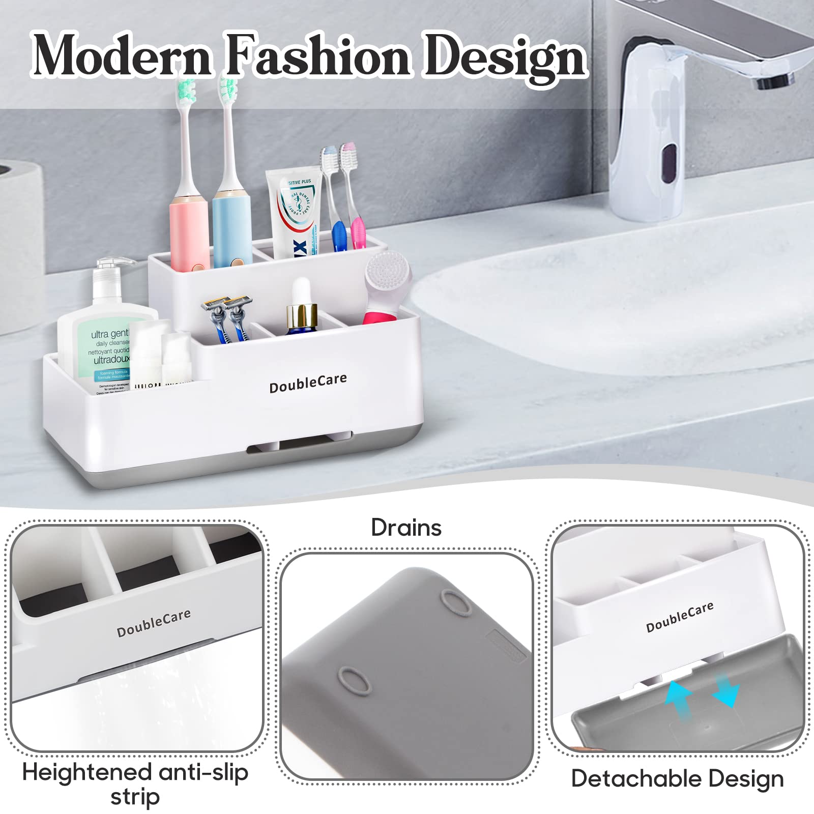 Toothbrush Holder with Anti-Slip Bathroom Organizer Countertop Detachable for Easy Cleaning  Multifunctional Storage Bathroom Caddy for Toothpaste Shaver Great for Home  Vanity Organizer  Office