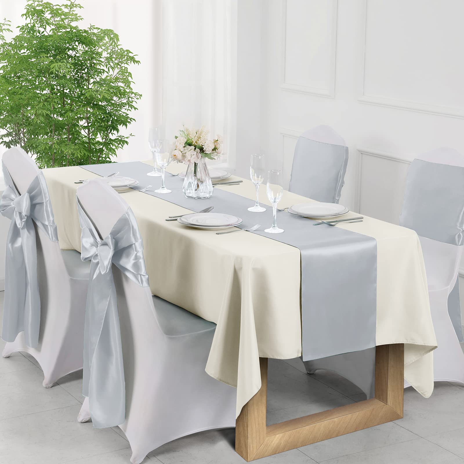 Manyshofu 12Pcs Satin Silver Table Runner - 12 x 108 Inch Long Size  Party Table Runner Decor Bright & Smooth Wedding Decorations Table Runner for Banquet Chef Birthday Buffet Dinner Graduations