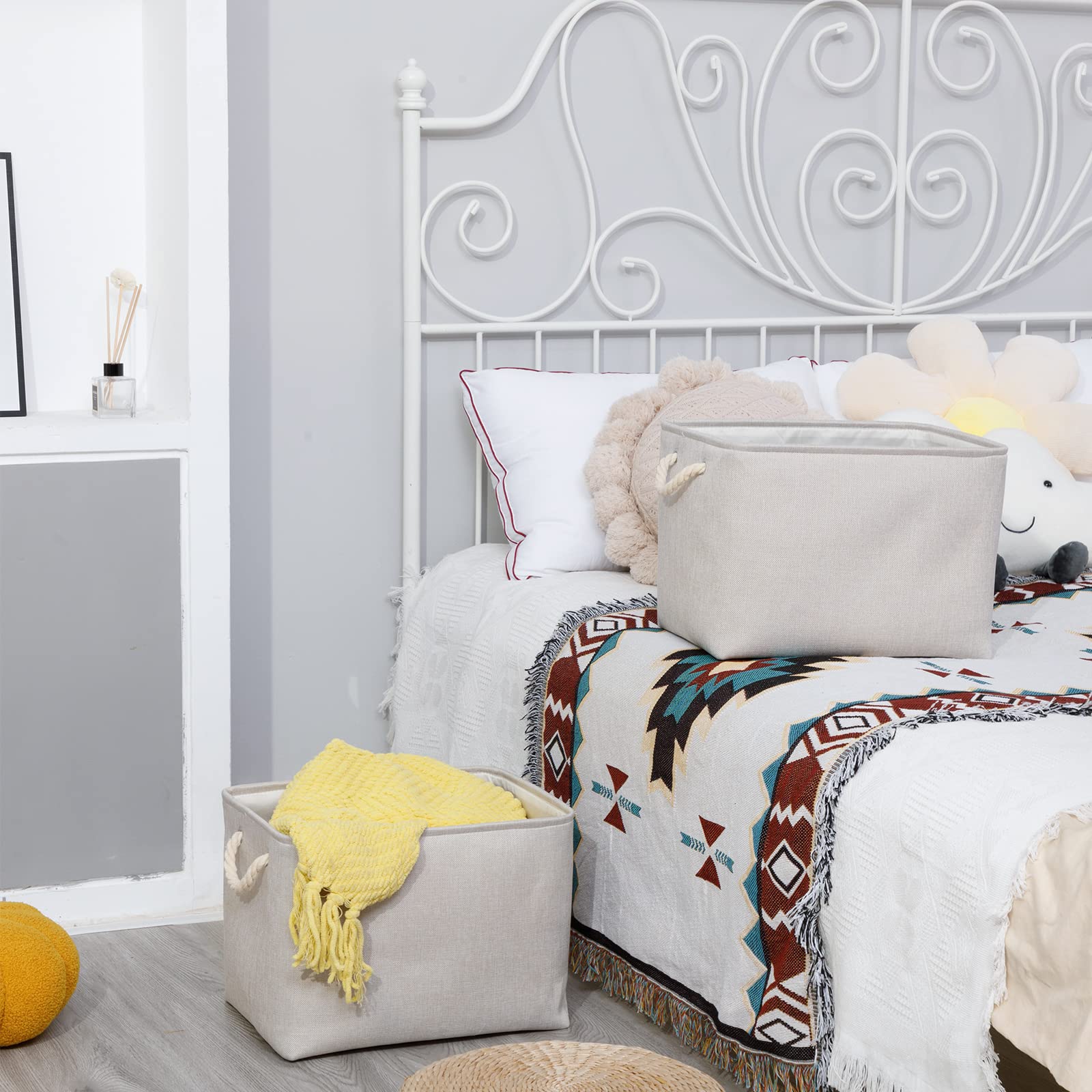 Bidtakay Large Fabric Storage Bins Beige Linen Closet Organizers Set Of 2 Baskets For Shelves Clothes Bedroom 16X11.8X11.8 Inch