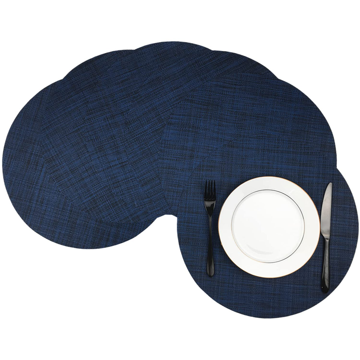 Wazaigur Round Placemats Set Of 6 Woven Vinyl Easy To Clean Heat Resistant Kitchen Table Mats 15 Inch(Navy Blue 6)