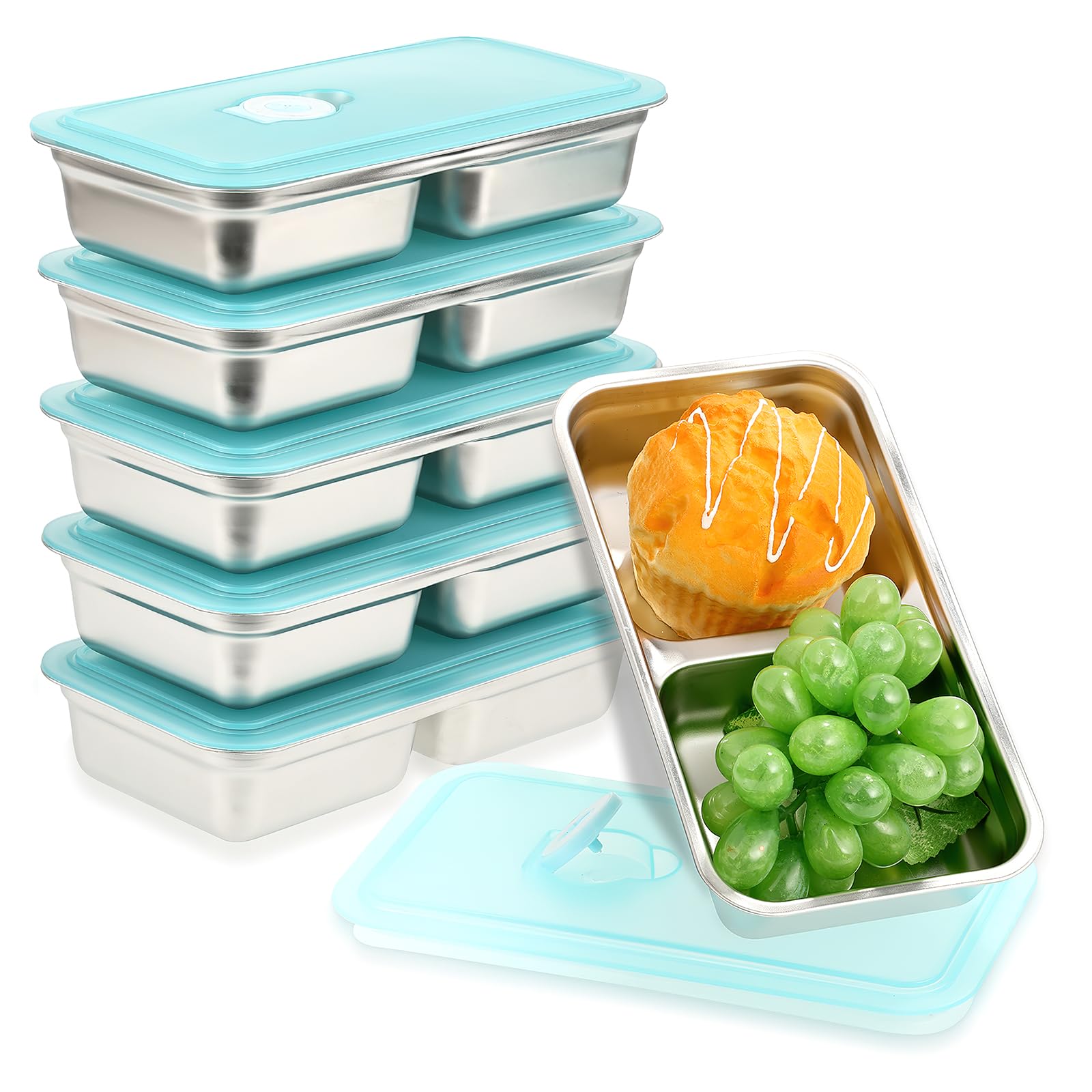 Rainmae 6 Pcs 304 Stainless Steel Bento Boxes, 30 oz 2 Compartments Food Storage Containers Snack Boxes with Leakproof Lids, Div