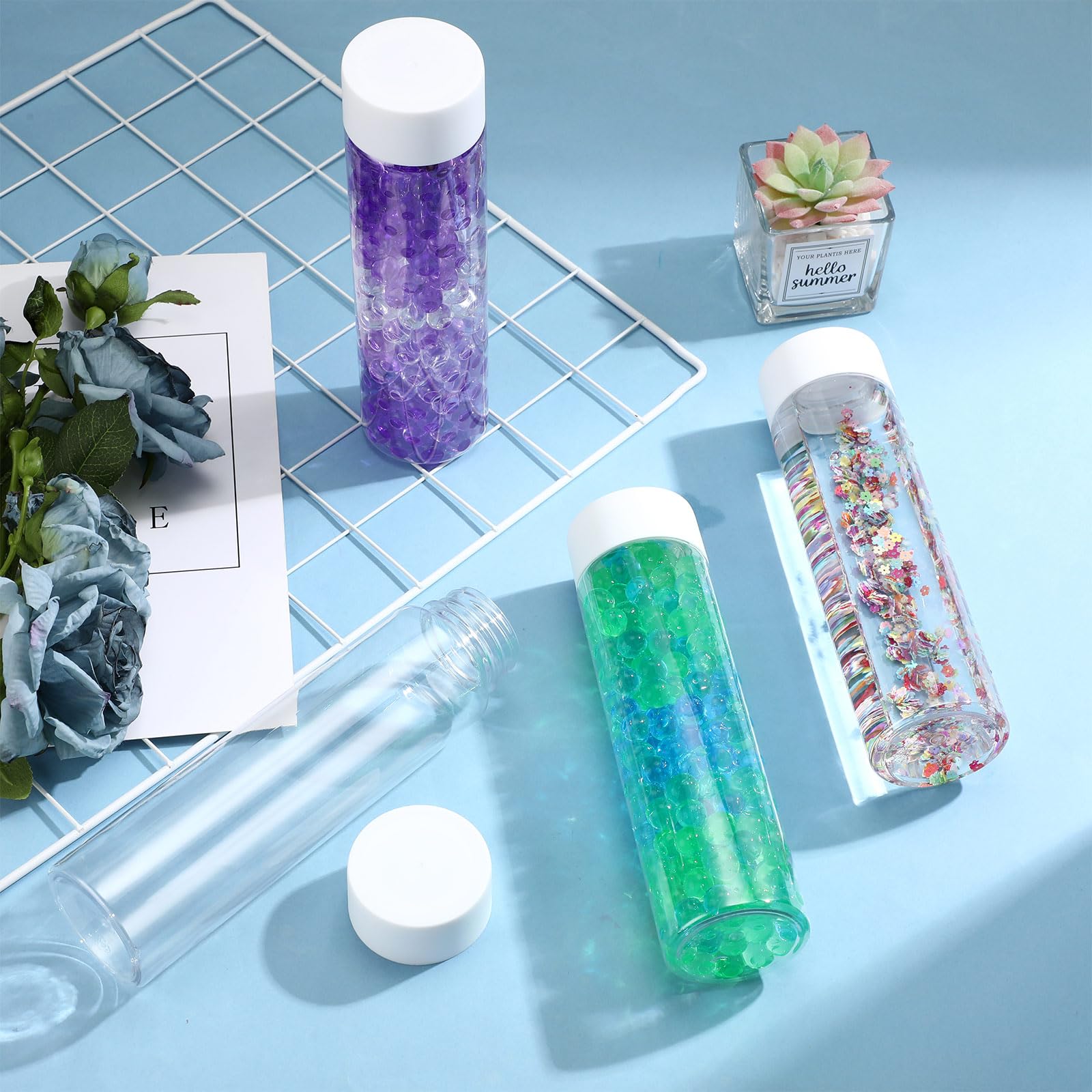 Hoolerry 16 Pcs Empty Plastic Sensory Bottles with Lids Round Clear Plastic Water Bottles Reusable Sensory Bottles for Sensory C