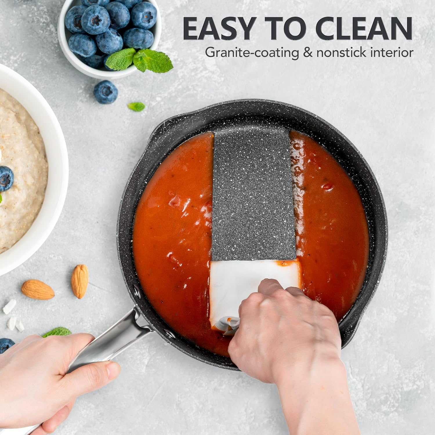 Michelangelo 3 Quart Saucepan With Lid, Hard Anodized Nonstick Sauce Pan With Strainer Lid & Pour Spouts For Easy Pour, Granite