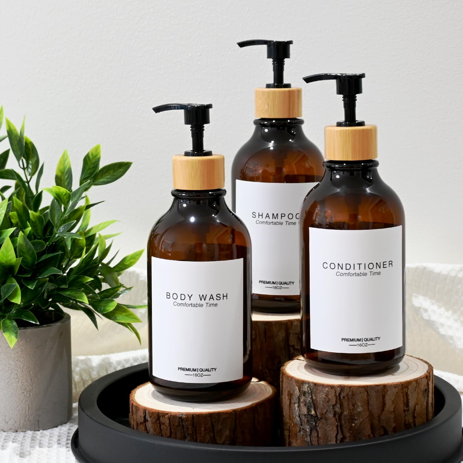 Shampoo And Conditioner Bottles, Apothecary Dispenser Bamboo Pump, Refillable Shampoo Bottles For Shampoo Lotion Oil Shower Soap