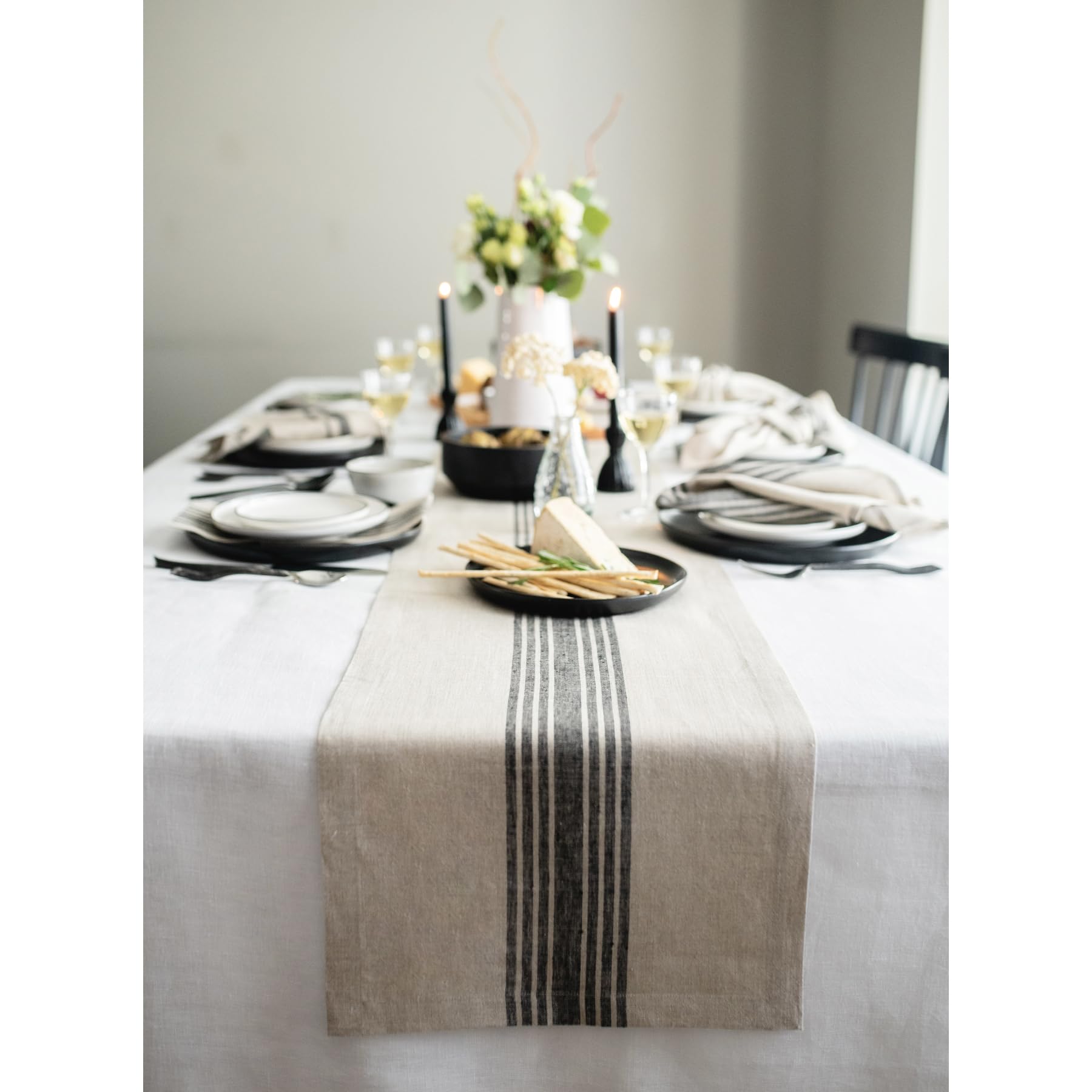 Solino Home Stripe Linen Table Runner 48 inch - 100% Pure Linen Black and Natural Table Runner 14 x 48 Inch - Machine Washable F