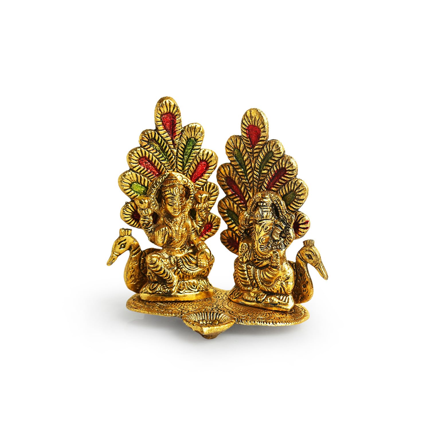 Exclusivelane Laxmi Ganesh & Peacock Idol Showpiece Figurine With Diya (5.7 Inch, Golden, Metal)|Handcrafted Ganesha Idol With
