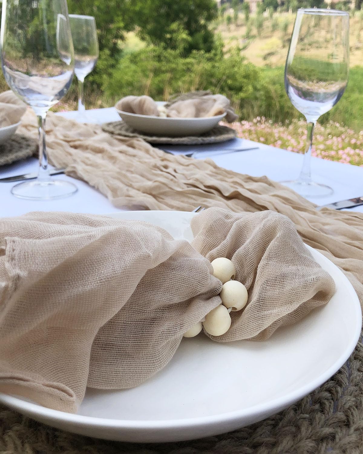 Fusenyuan Beige Cheesecloth Table Runner 10Ft +6 Napkins +6 Wood Bead Tassel Napkin Rings (120'' X 35'' ) Rustic Gauze Sheer Tab