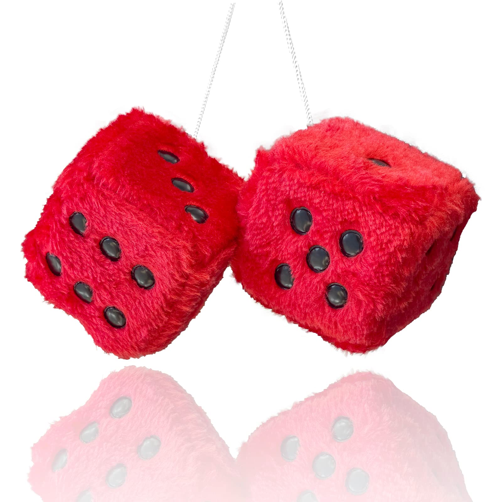 Pair 3    Red with White Dots Mirror Fuzzy Plush Dice,Red and White Soft Plush Car Decorative Hanging Ornament