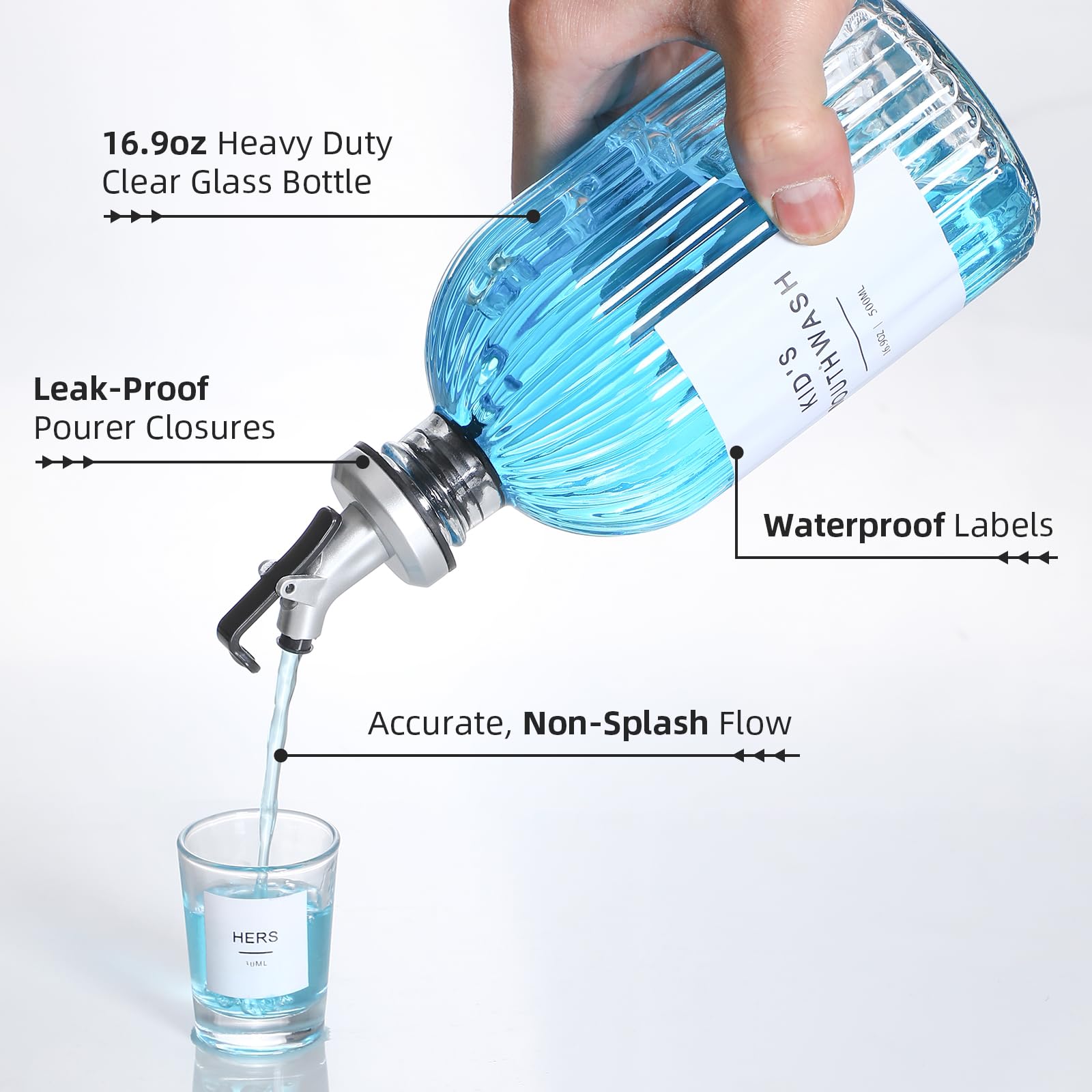 Glass Mouthwash Dispenser, 2 Pack 16.9Oz Glass Bottles With Pour Spouts, 2 Reusable, 21 Paper Cups With Holder, Funnel And Label