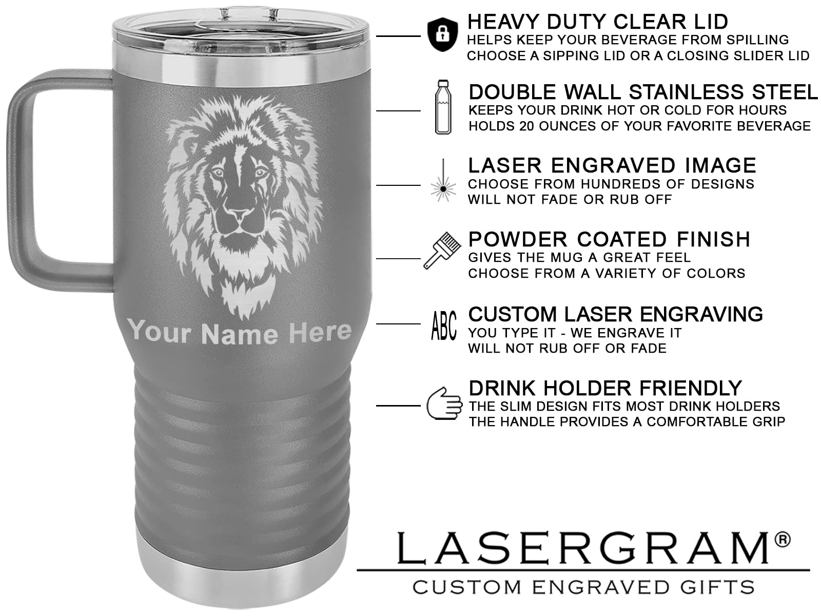 20Oz Vacuum Insulated Travel Mug With Handle, Flag Of Puerto Rico, Personalized Engraving Included (Gray)