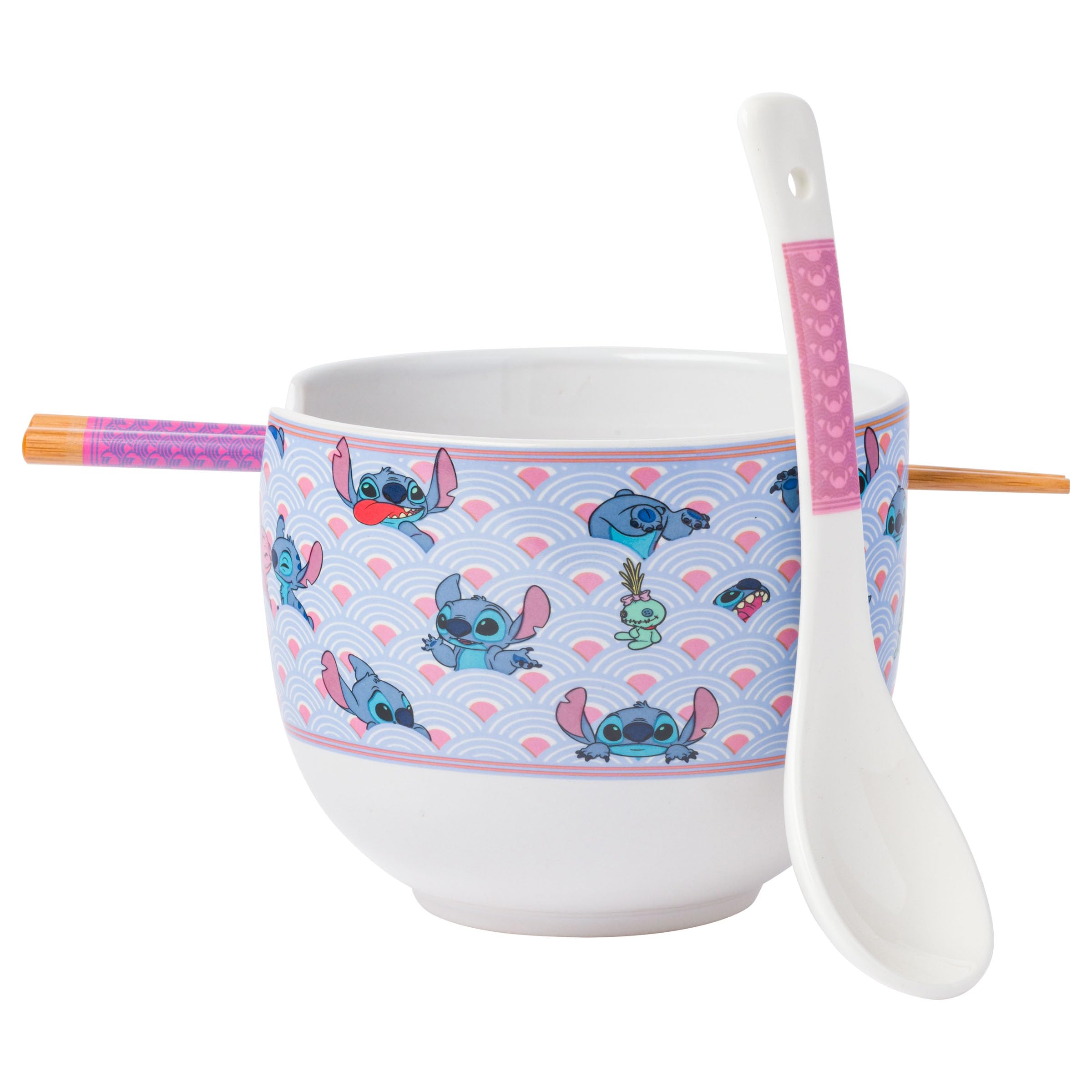 Silver Buffalo Lilo And Stitch Scrump Waves Japanese Pattern Ceramic Ramen Noodle Rice Bowl With Chopsticks And Spoon, Microwave