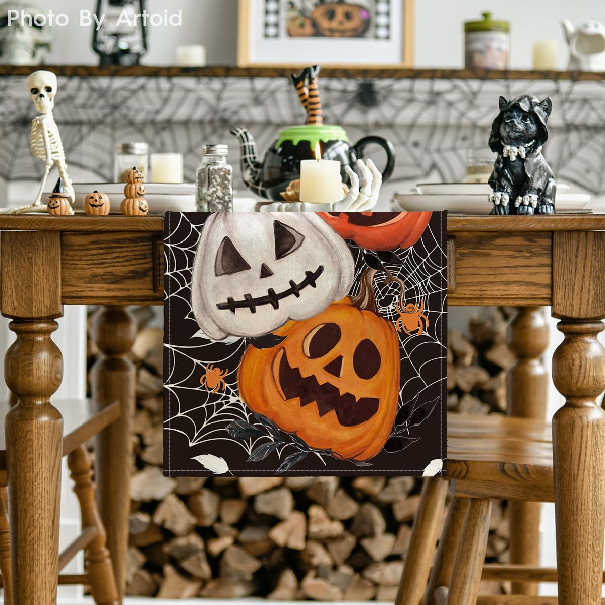 Artoid Mode Black Pumpkins Spider Web Halloween Table Runner, Seasonal Fall Kitchen Dining Table Decoration For Home Party Decor
