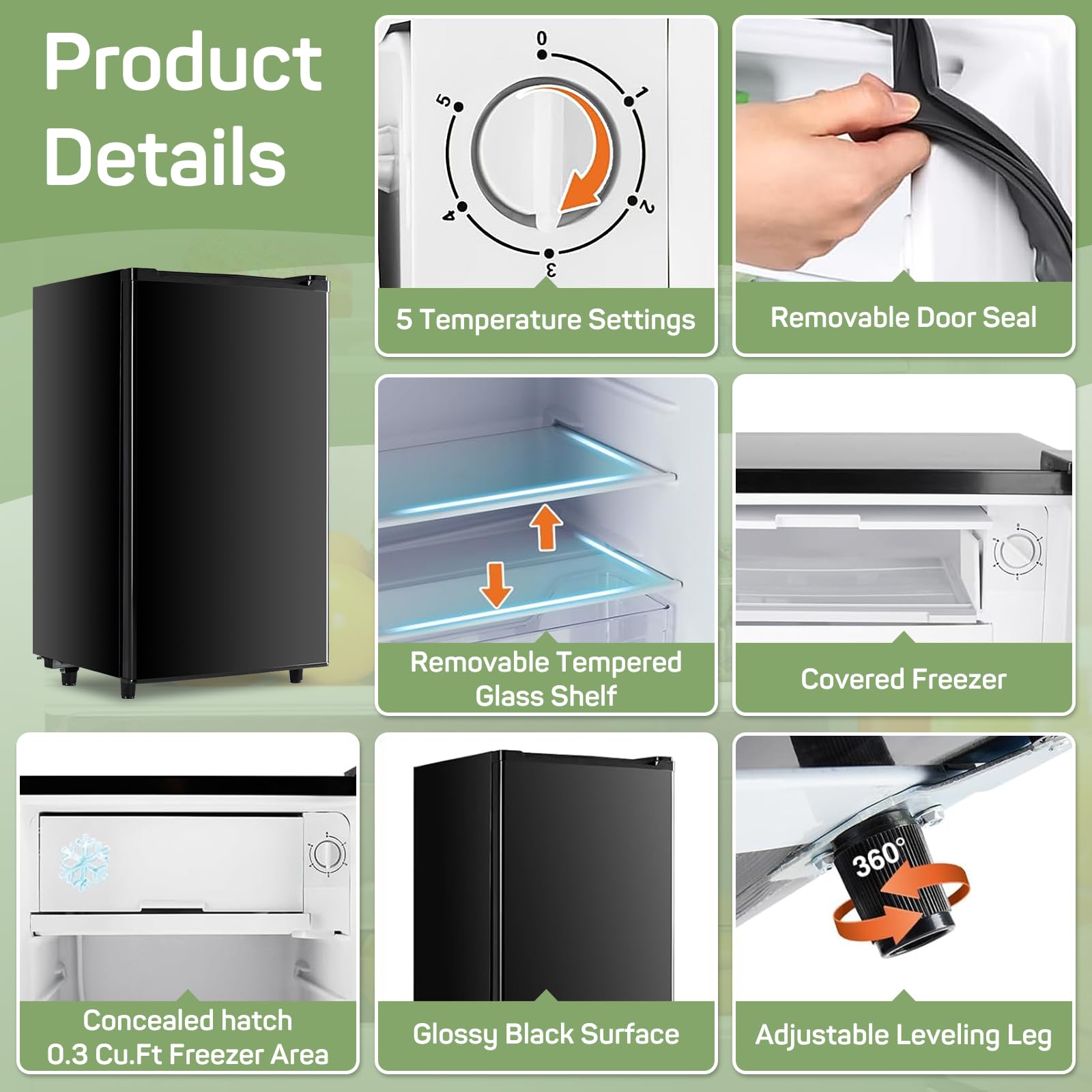 Zibbizo Upgraded Mini Fridge For Bedroom 3.2 Cu.Ft Small Refrigerator With Freezer For Dorm Office, Compact Single Door Adjustab