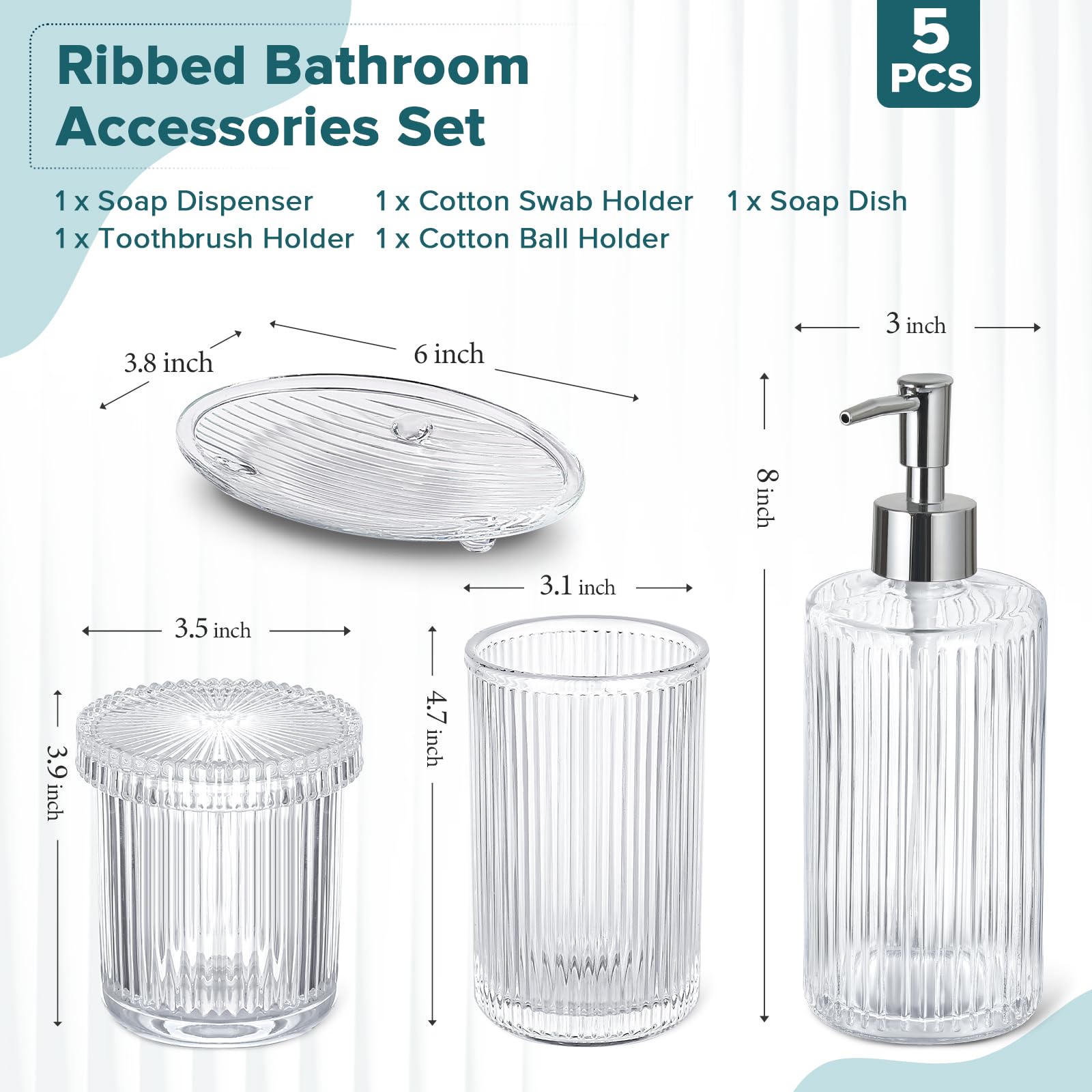 Rytoxilo Bathroom Accessories Set, 5 Pcs Clear Glass Bath Accessory Sets Complete, Ribbed Soap Dispenser And Toothbrush Holder S