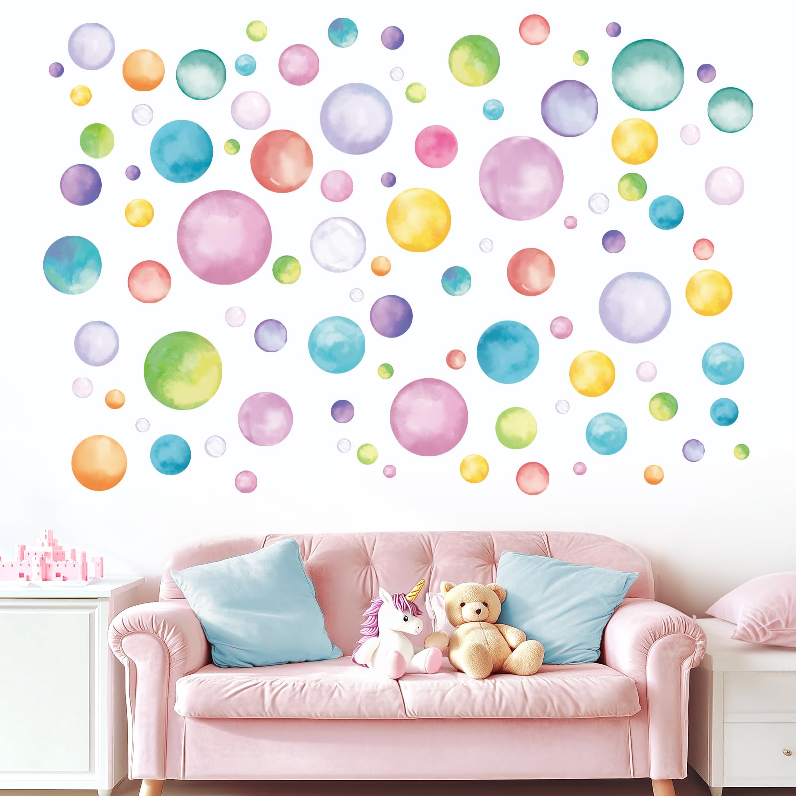 fufuquare Pastel Watercolor Polka Dot Round Circle Wall Decals, Peel and Stick Vinyl DIY Wall Stickers for Girls Bedroom, Nurser
