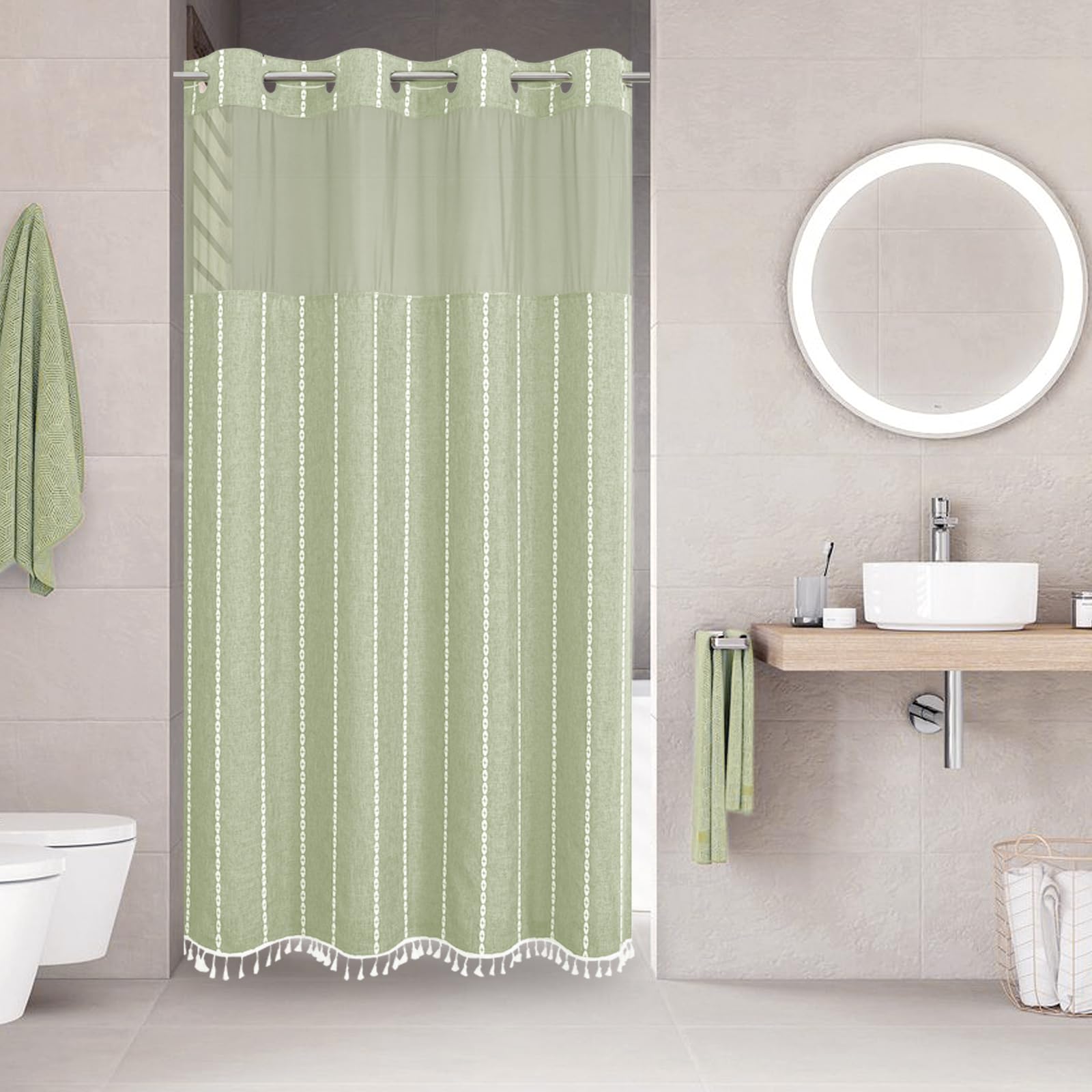 Eachope No Hook Stall Shower Curtain With Snap-In Fabric Liner - 54X80 Heavy-Duty Linen Textured Striped Design,Narrow Rustic Mo