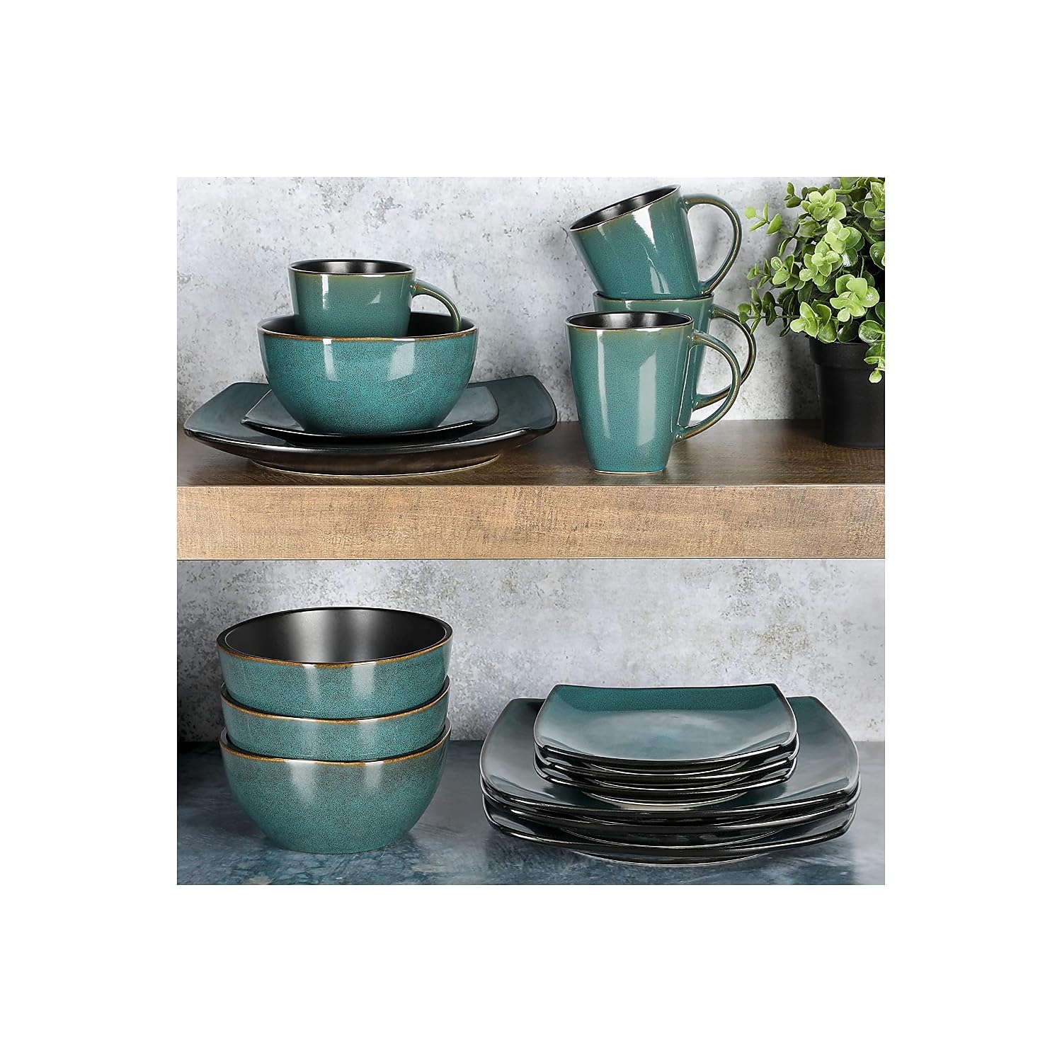 Gibson Elite Soho Lounge 16 Piece Reactive Glaze Dinnerware Set, Soft Square, Teal Green, Service for 4 (16pc)