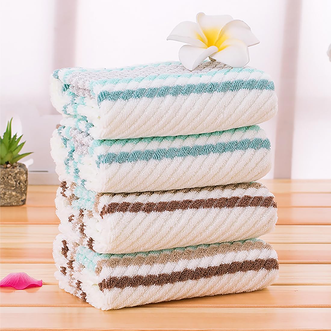 Pidada Hand Towels Set of 4 Striped Pattern 100% Cotton Soft Absorbent Decorative Towel for Bathroom 13.4 x 29.5 Inch (Green)