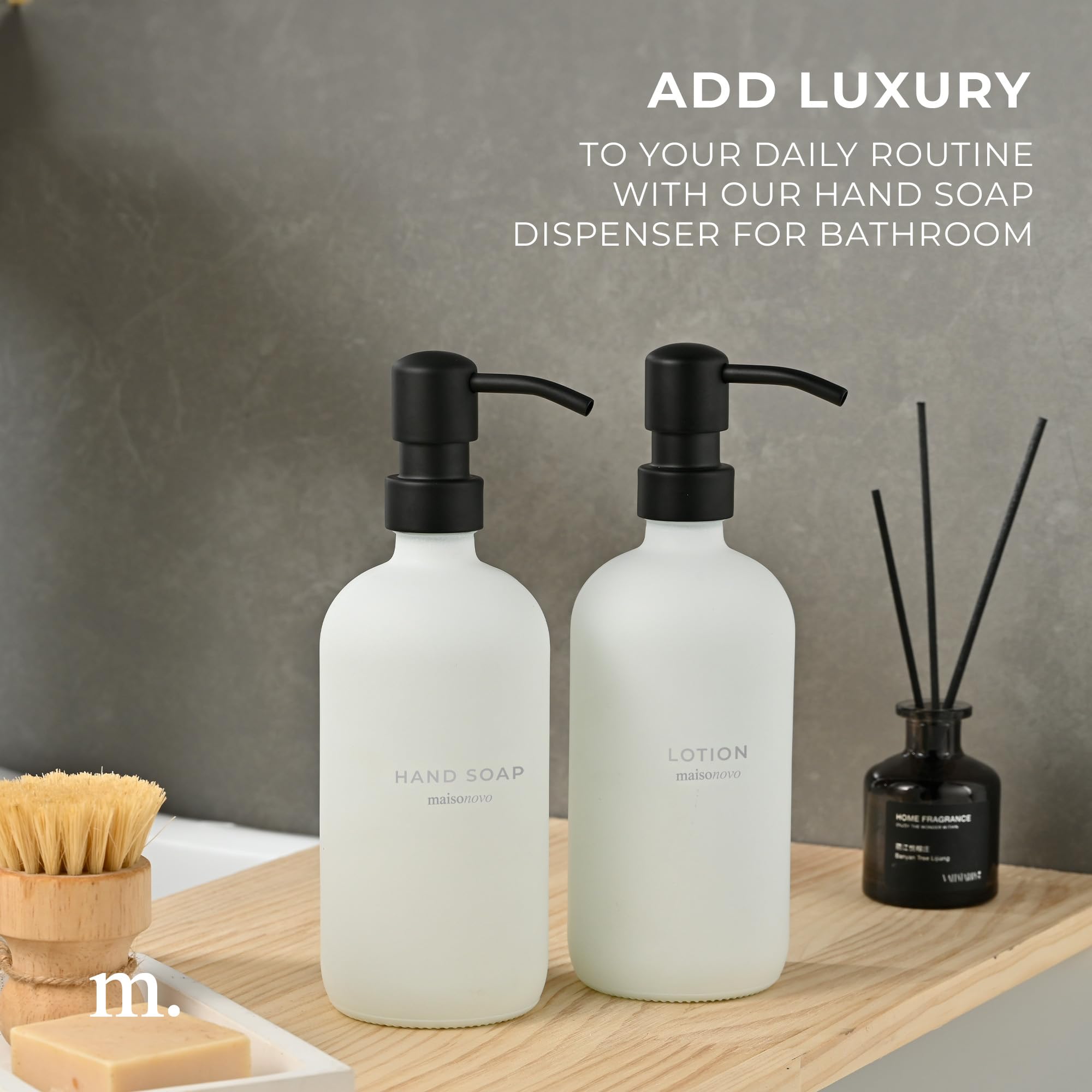 Maisonovo Bathroom Soap And Lotion Dispenser Set | 16.9 Fl Oz White Glass Black Pumps X 2