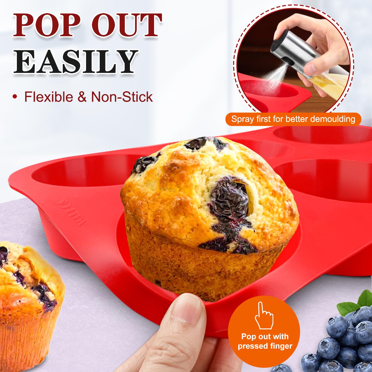 Walfos Silicone Texas Muffin Pan Set- 6 Cup Jumbo Silicone Cupcake Pan, Non-Stick Silicone, Just Pop Out! Perfect For Egg Muffin